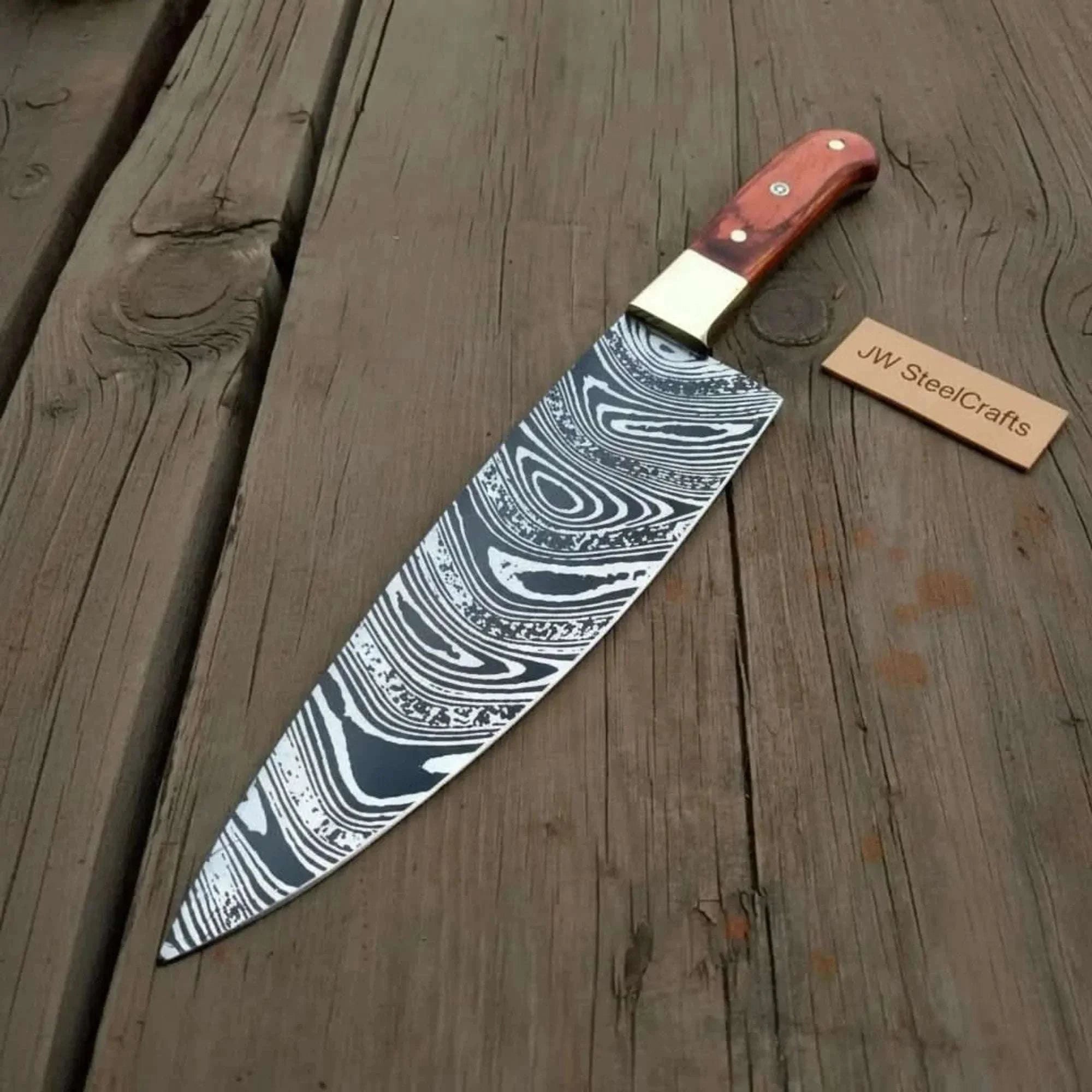 Palmarius Outdoors 8” Carbon Steel Gyuto Chef Knife – Twisted Acid-Etched Blade with Red Pakka Wood Handle Stainless Steel Chef Knives