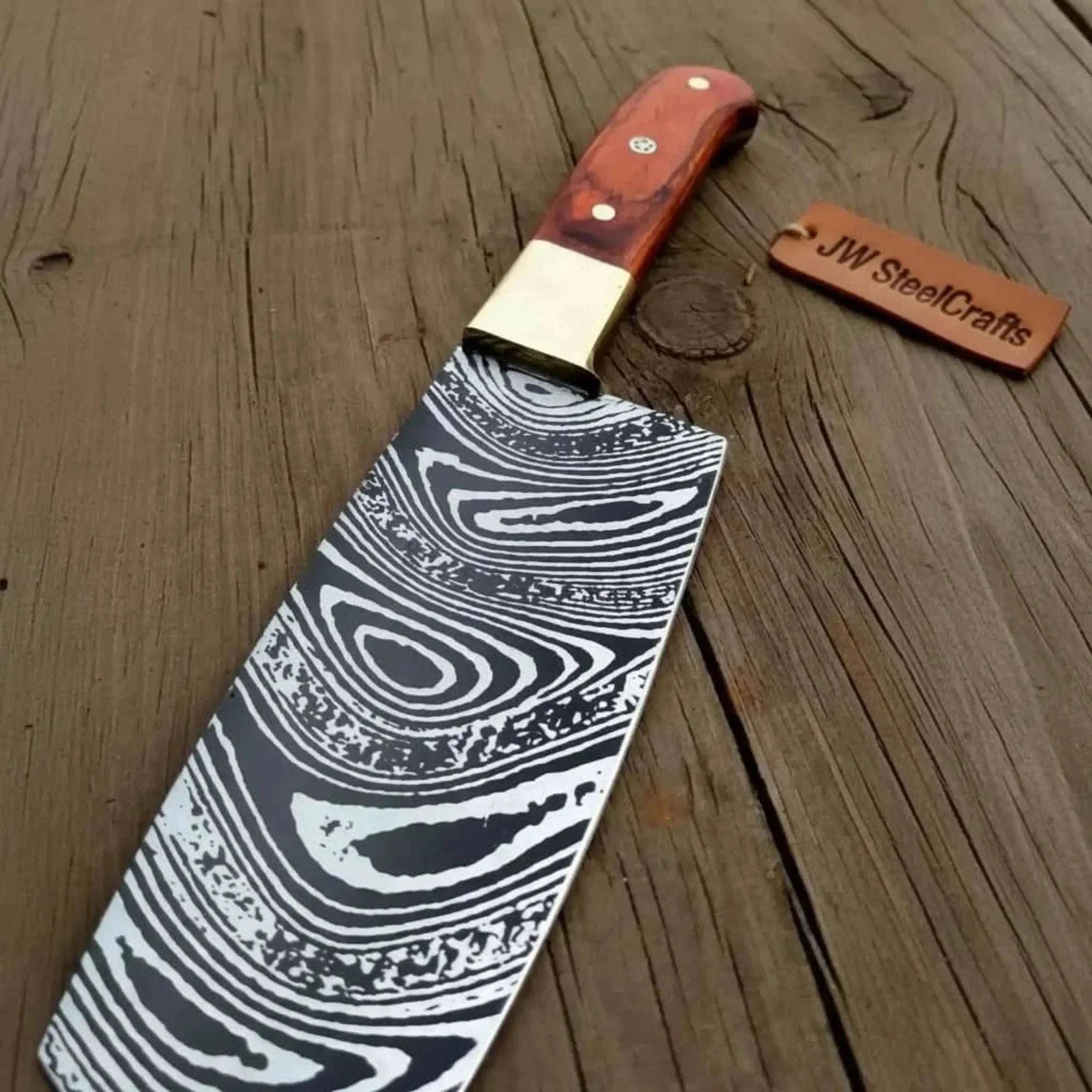 Palmarius Outdoors 8” Carbon Steel Gyuto Chef Knife – Twisted Acid-Etched Blade with Red Pakka Wood Handle Stainless Steel Chef Knives