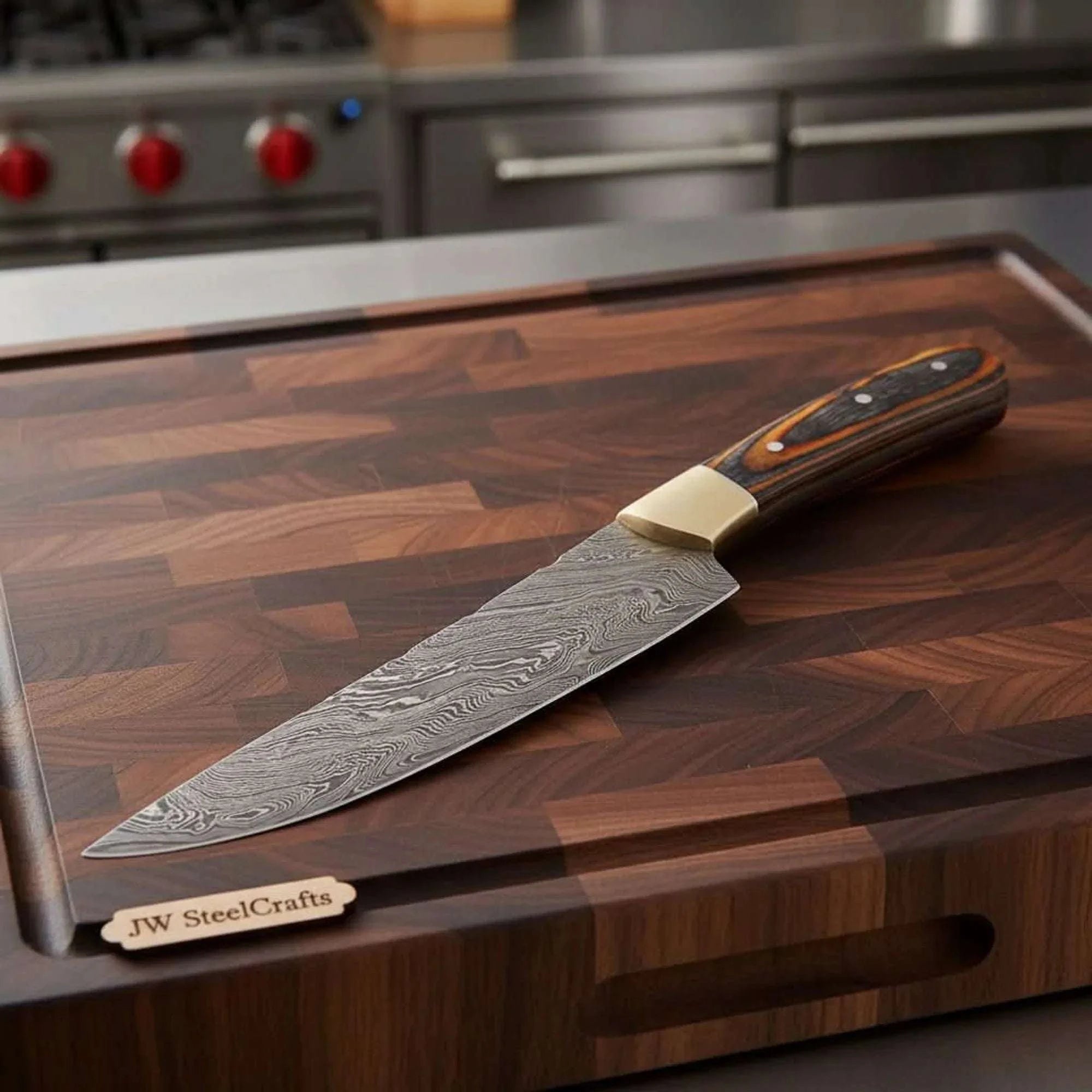 Palmarius Outdoors CUSTOM HAND FORGED DAMASCUS STEEL CHEF KNIFE WOOD AND BRASS HAndle Damascus Steel Chef Knives