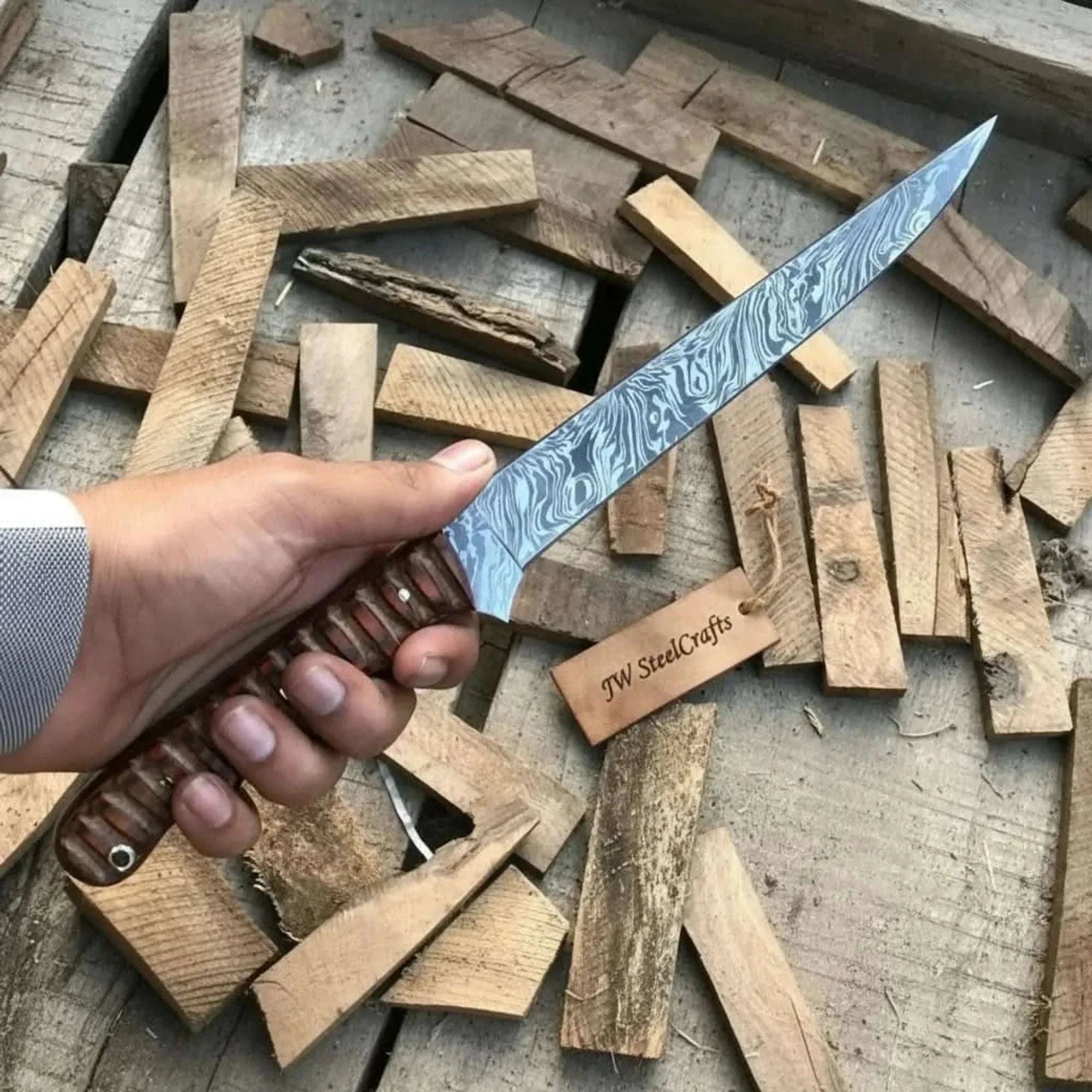 Palmarius Outdoors Hand-forged 13.5 Damascus Fish Fillet Knife – Flexible Full Tang with Ridged Texture Rosewood Handle Handmade Fillet Knives