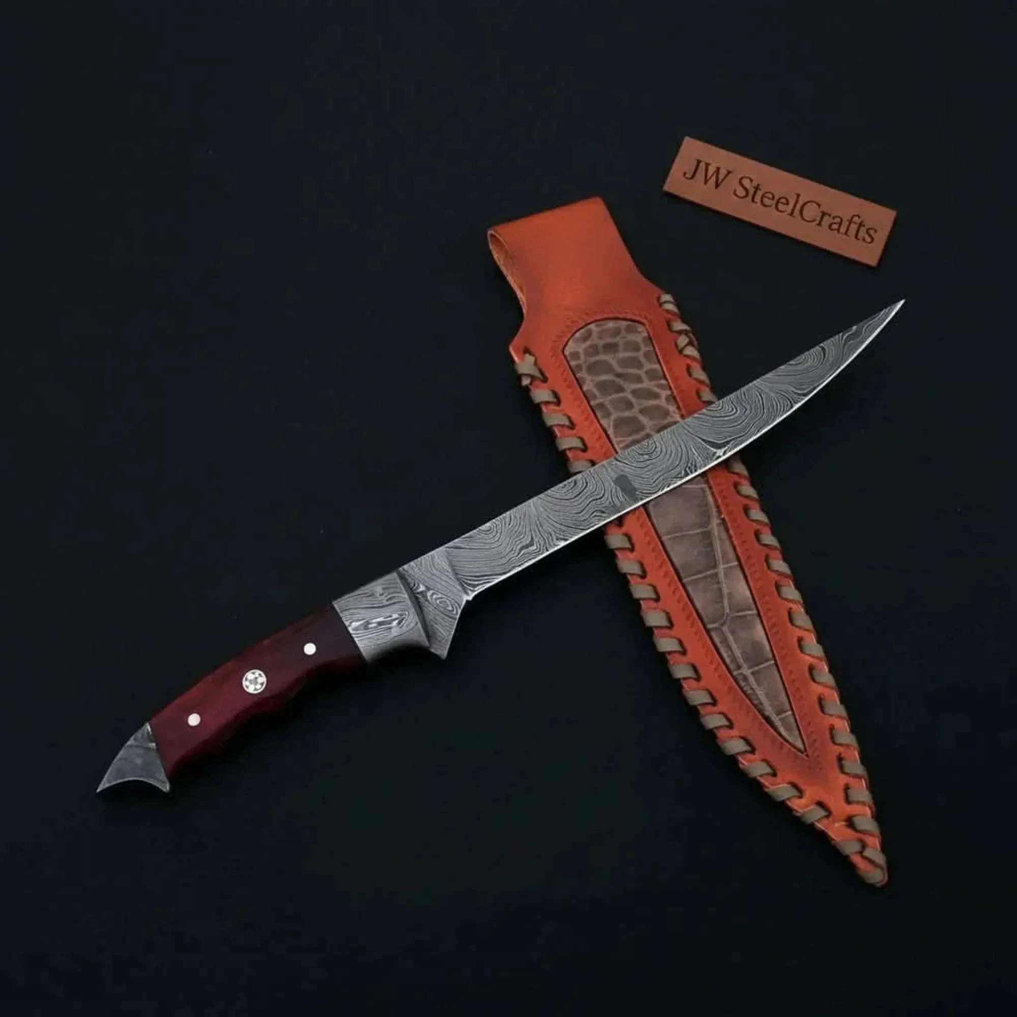 Palmarius Outdoors Handmade 13 Inch Overall Damascus Steel Fillet Knife – Full Tang Fishing Knife with Hardwood Handle and Leather Sheath. Handmade Fillet Knives