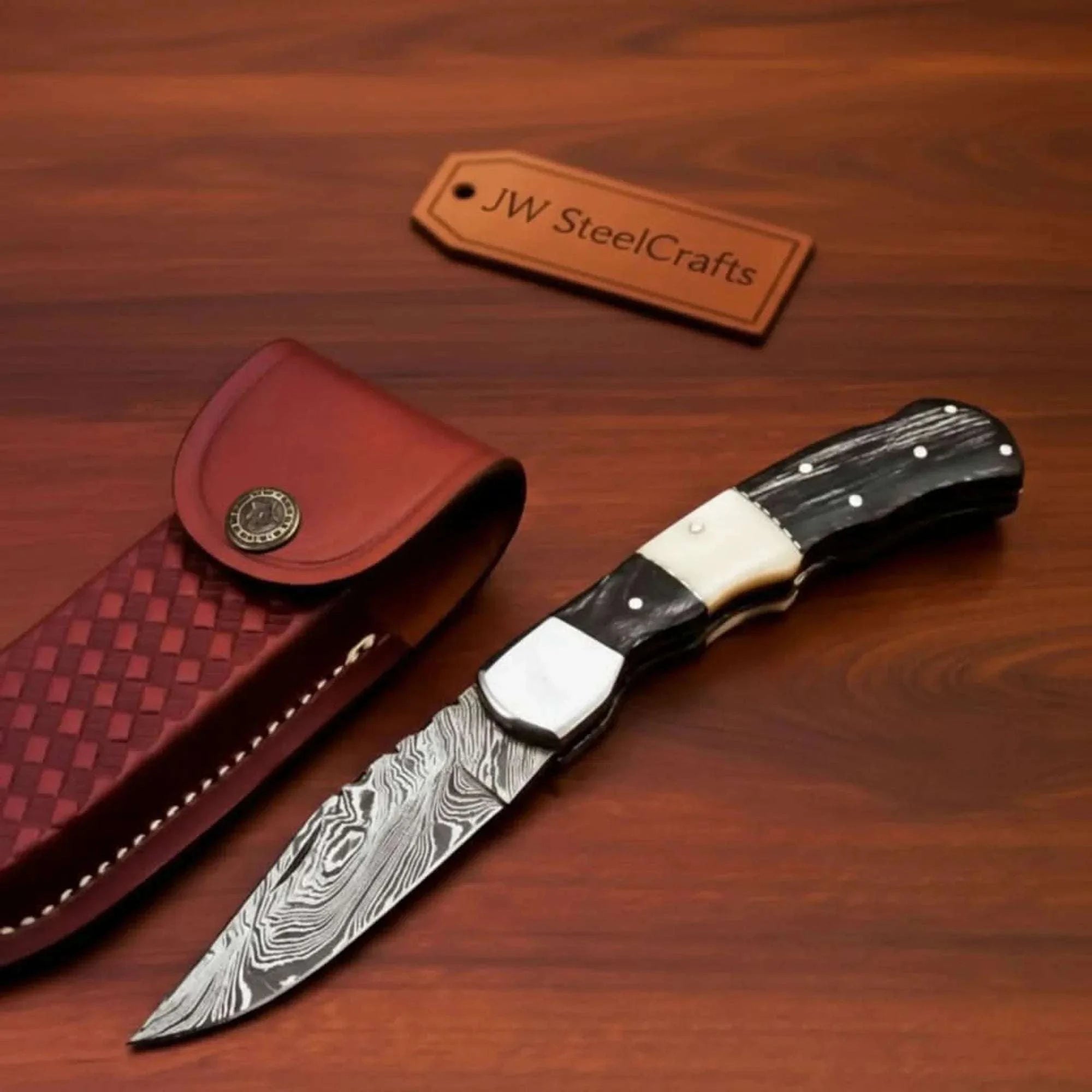 Palmarius Outdoors Handmade Damascus Folding Pocket Knife Engraved & Plain Handle Variants | Leather Sheath Included Back Lock Folder
