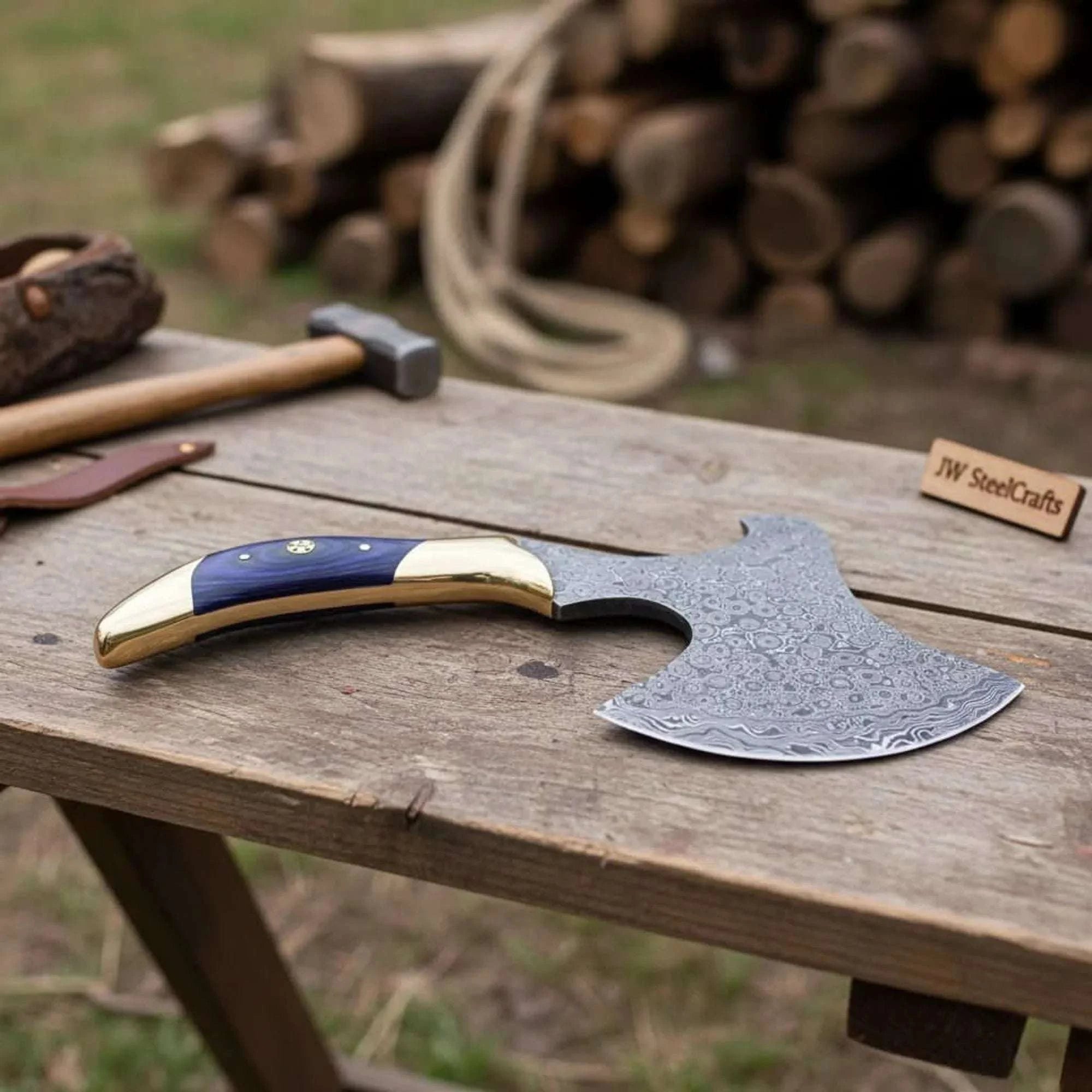 Palmarius Outdoors Damascus Steel Bushcraft Axe with Hardwood Handle & Leather Sheath Handmade Axe