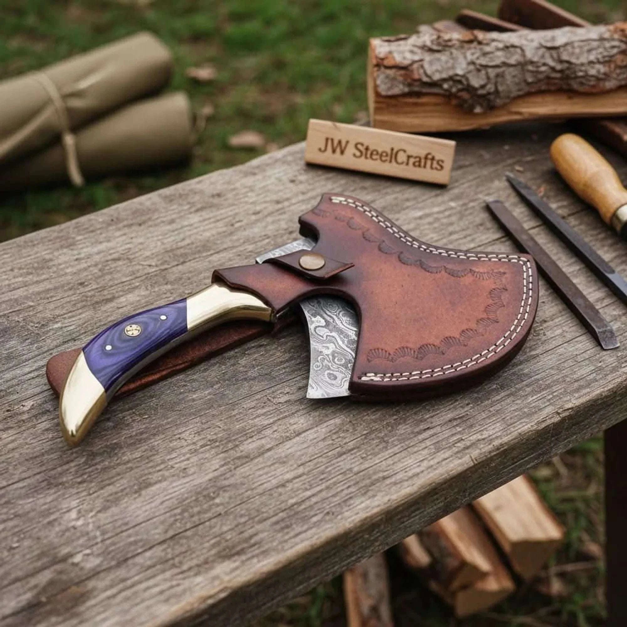 Palmarius Outdoors Damascus Steel Bushcraft Axe with Hardwood Handle & Leather Sheath Handmade Axe