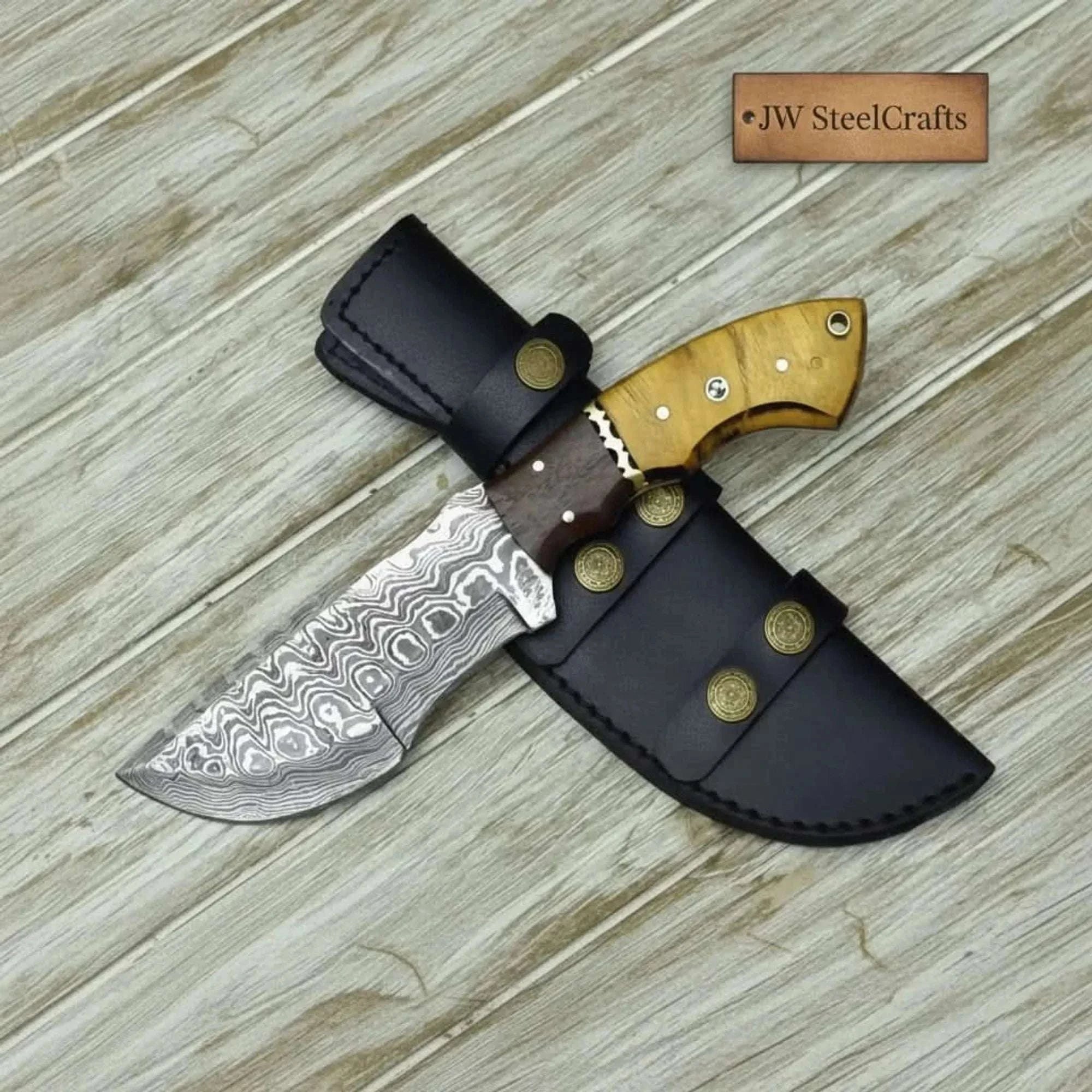 Palmarius Outdoors tracker knife Custom, 10", DAMASCUS KNIFE, Damascus steel knife, hunting, exotic Yellow Heart & Walnut wood handle, leather sheath Handmade Tracker Knives