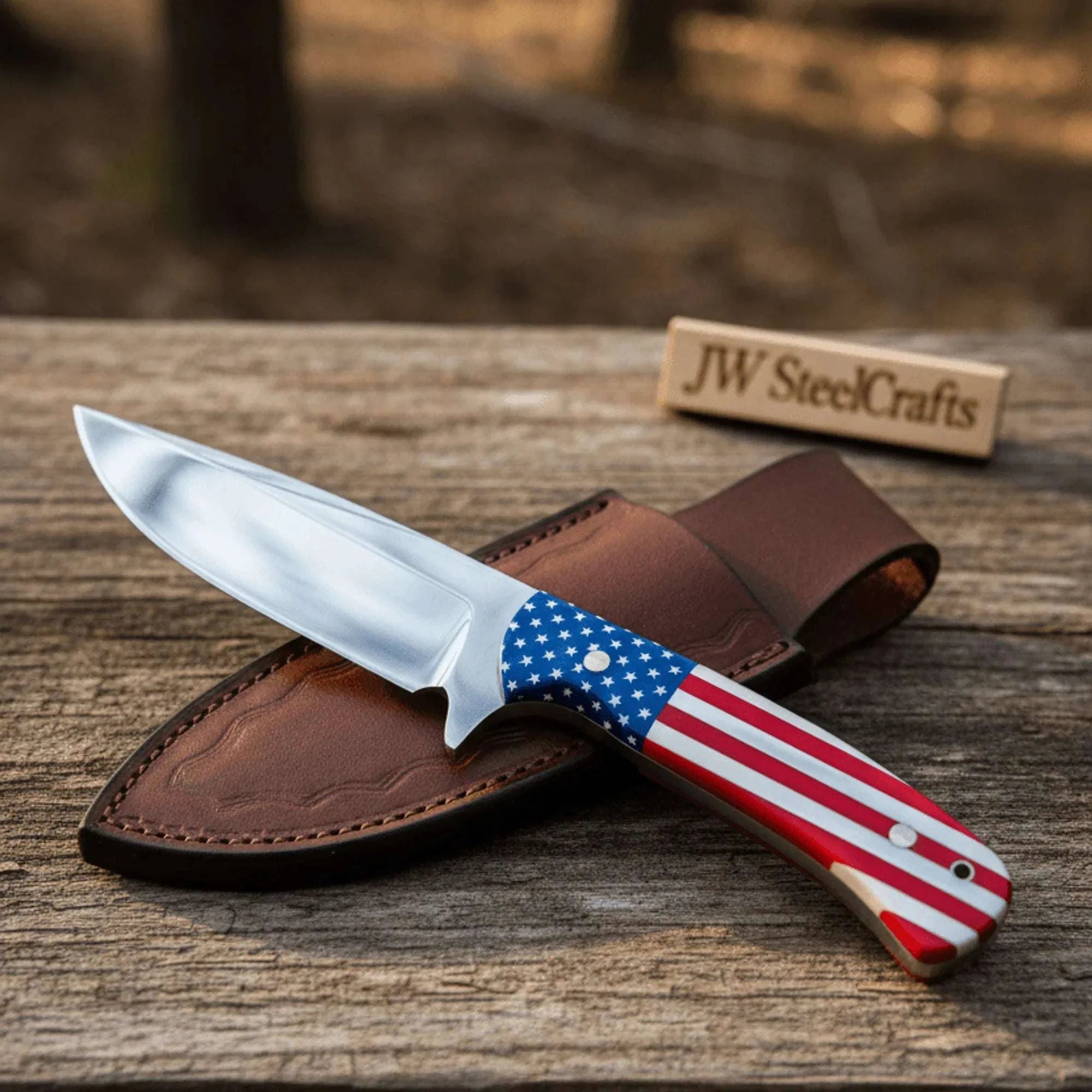 Palmarius Outdoors Handmade Drop Point Hunting Knife High Polish Bearing Steel Blade, USA Flag Handle Skinner Knife
