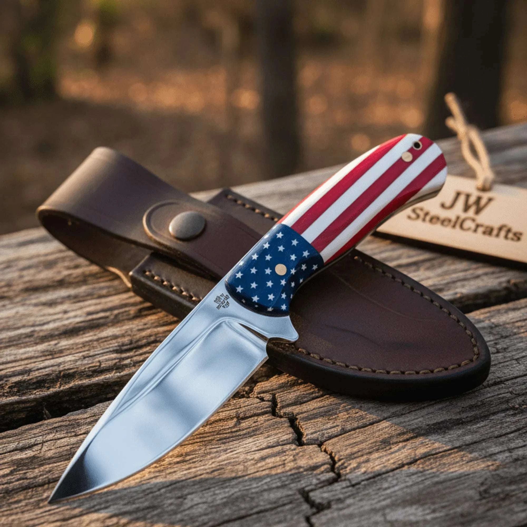 Palmarius Outdoors Handmade Drop Point Hunting Knife High Polish Bearing Steel Blade, USA Flag Handle Skinner Knife