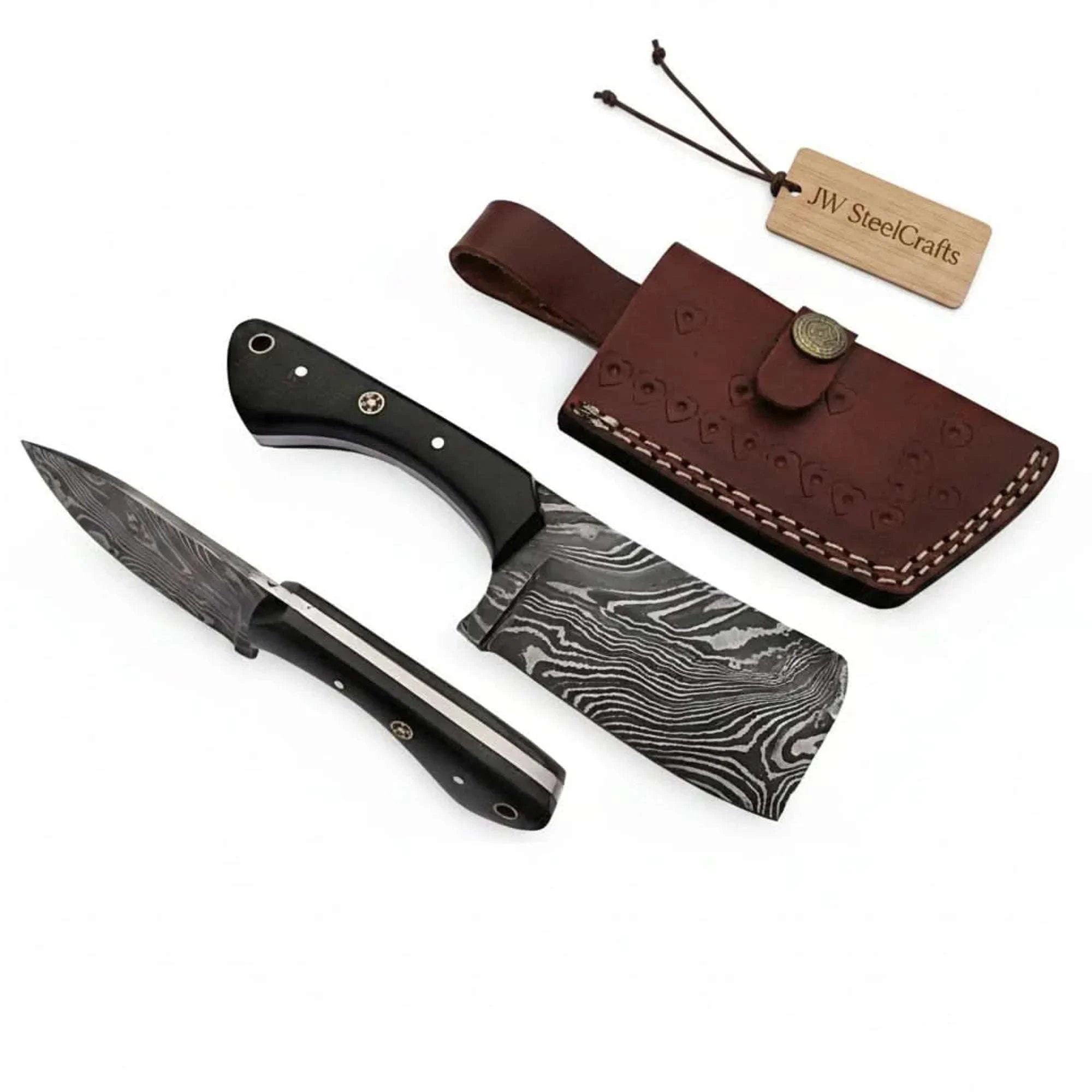 Palmarius Outdoors Custom Forged Damascus Mini Butcher Cleaver — Full Tang Black Handle with Leather Sheath Chef Knife