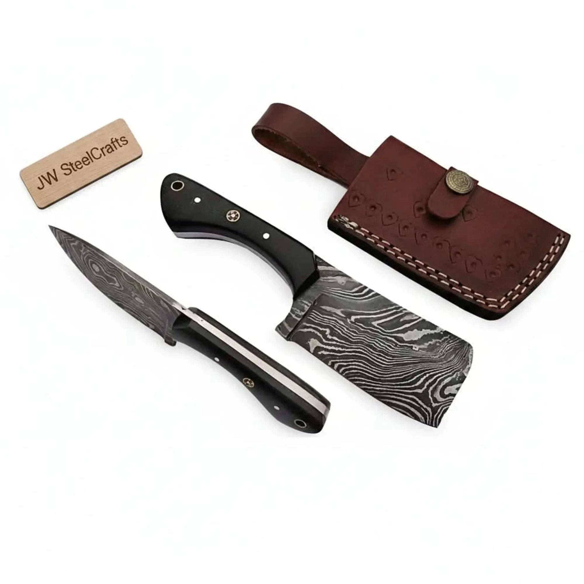 Palmarius Outdoors 7 Inch EDC Fixed Blade Dagger Knife with Damascus Steel, Black Micarta Handle, Mosaic Pins, Lanyard Hole & Leather Sheath Cleaver Knives