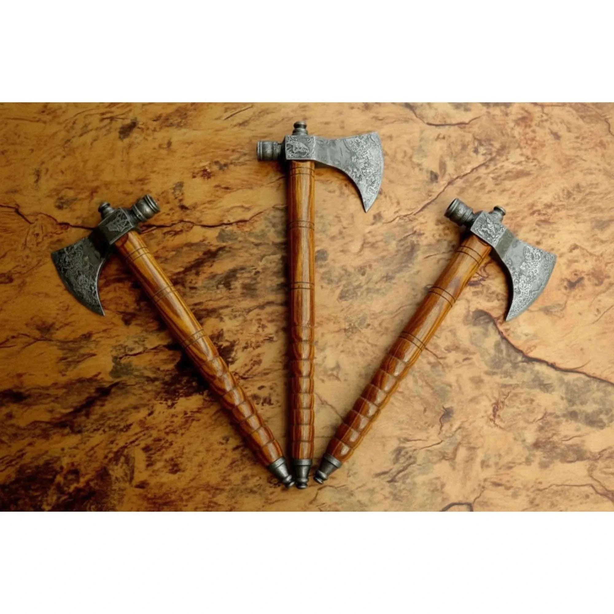 Palmarius Outdoors Viking Skeggøx Trio — Matching Short-Hafted Bearded Axes in Pattern-Welded Steel Handmade Axe