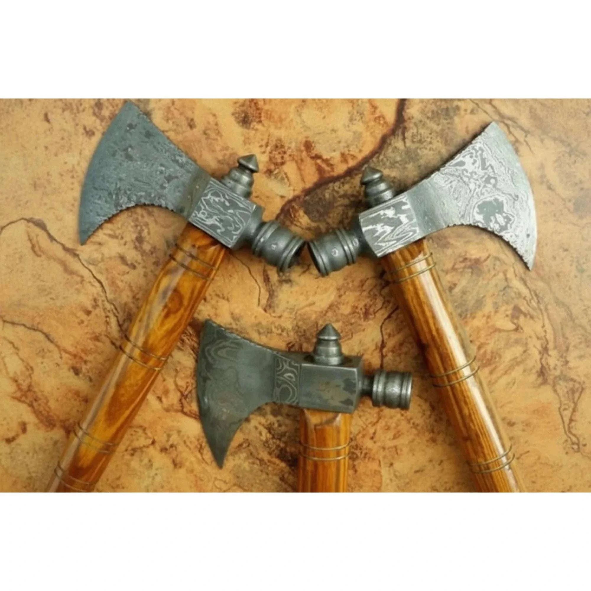 Palmarius Outdoors Viking Skeggøx Trio — Matching Short-Hafted Bearded Axes in Pattern-Welded Steel Handmade Axe