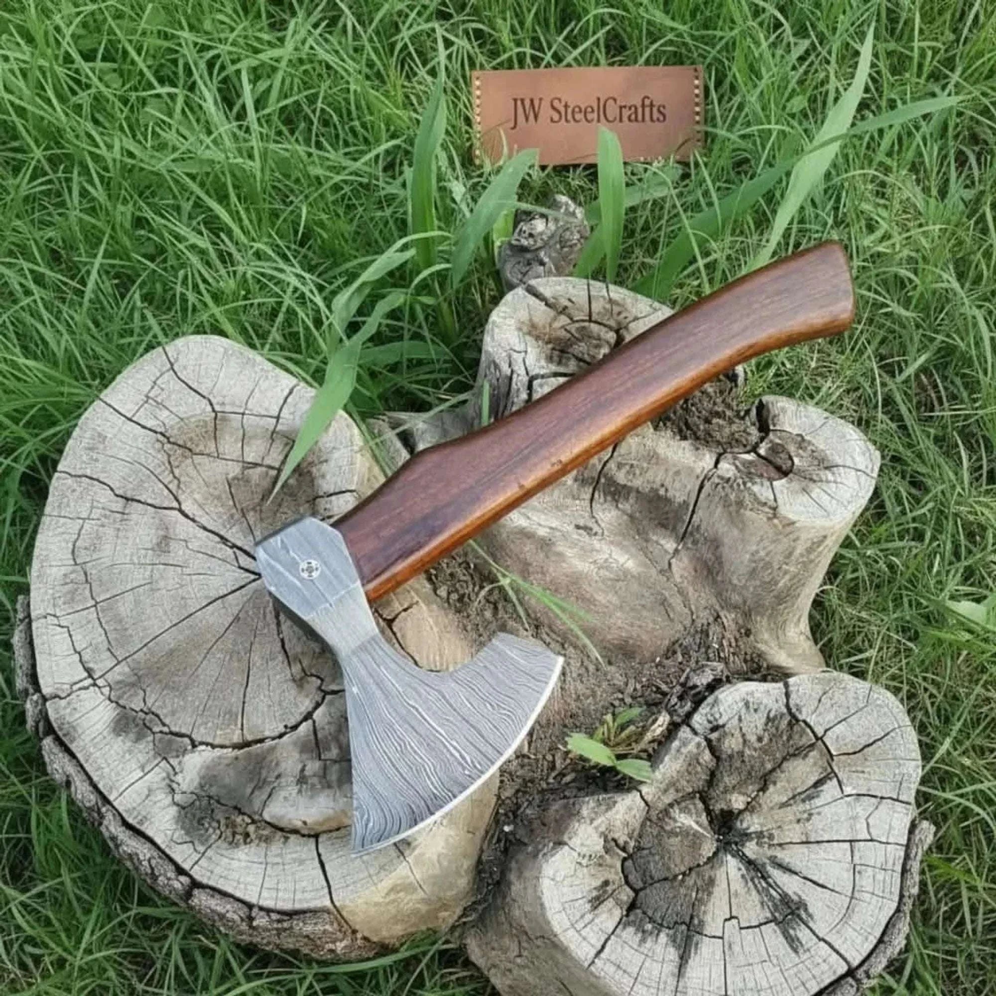 Palmarius Outdoors Damascus Wood Grain Hatchet with Bold Linear Forged Head Handmade Axe