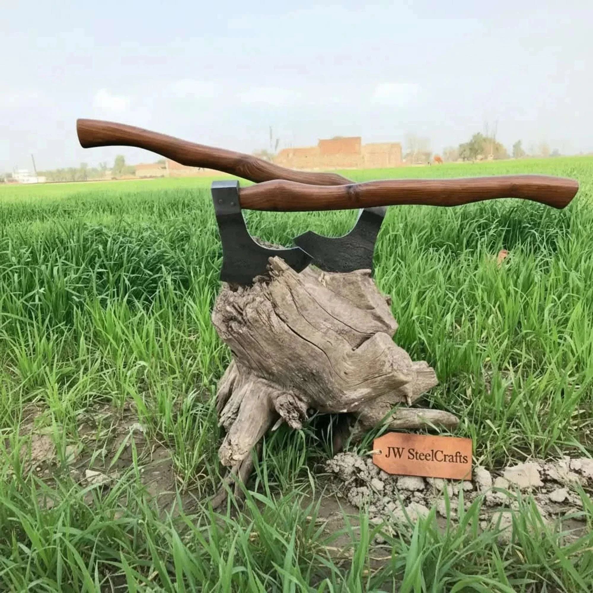 Palmarius Outdoors Matching Pair of Hand-Forged Damascus Bearded Axes with Curved Rosewood Handles Handmade Axe