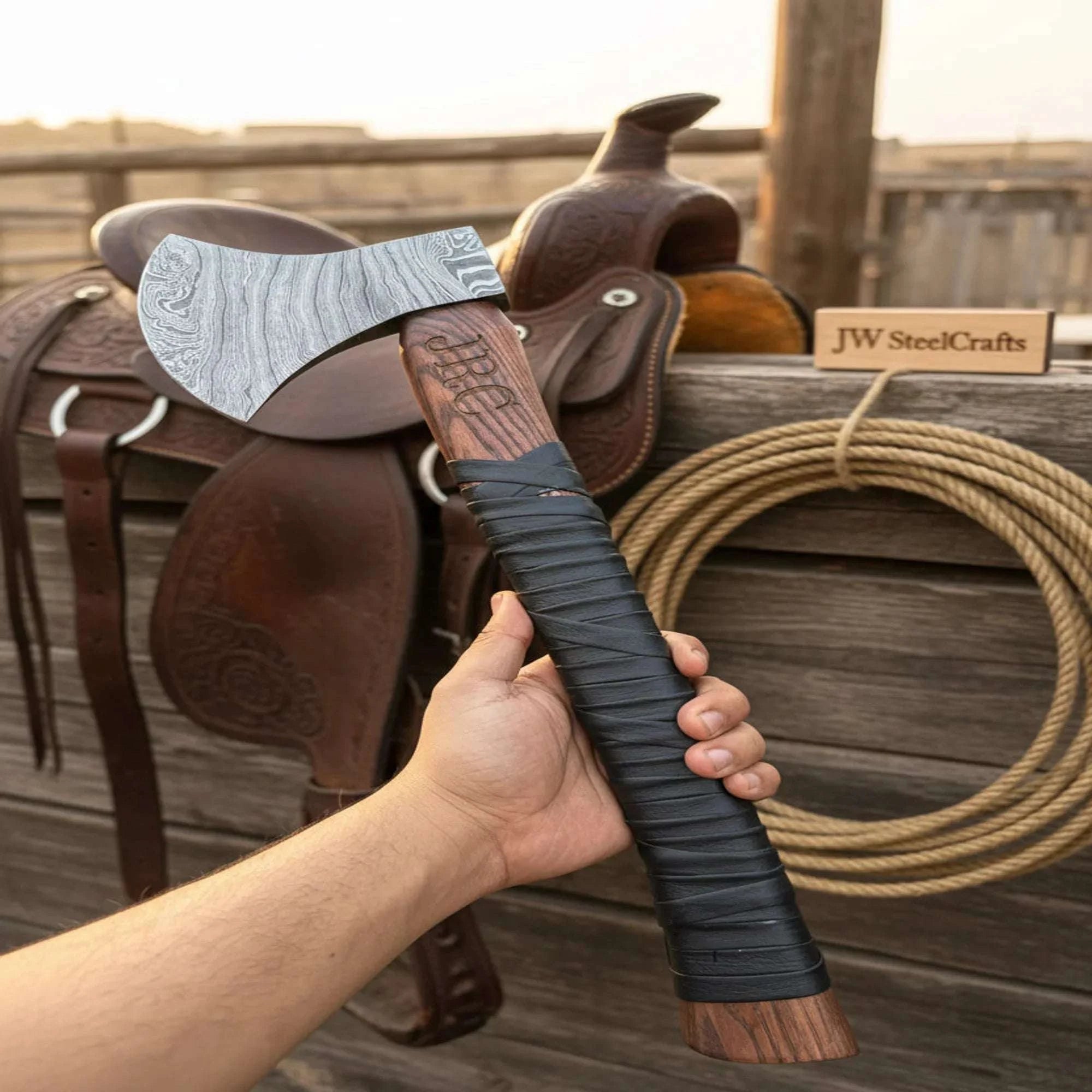Palmarius Outdoors Heavy-Duty Damascus Camp Axe with Leather Wrap Handle Handmade Axe