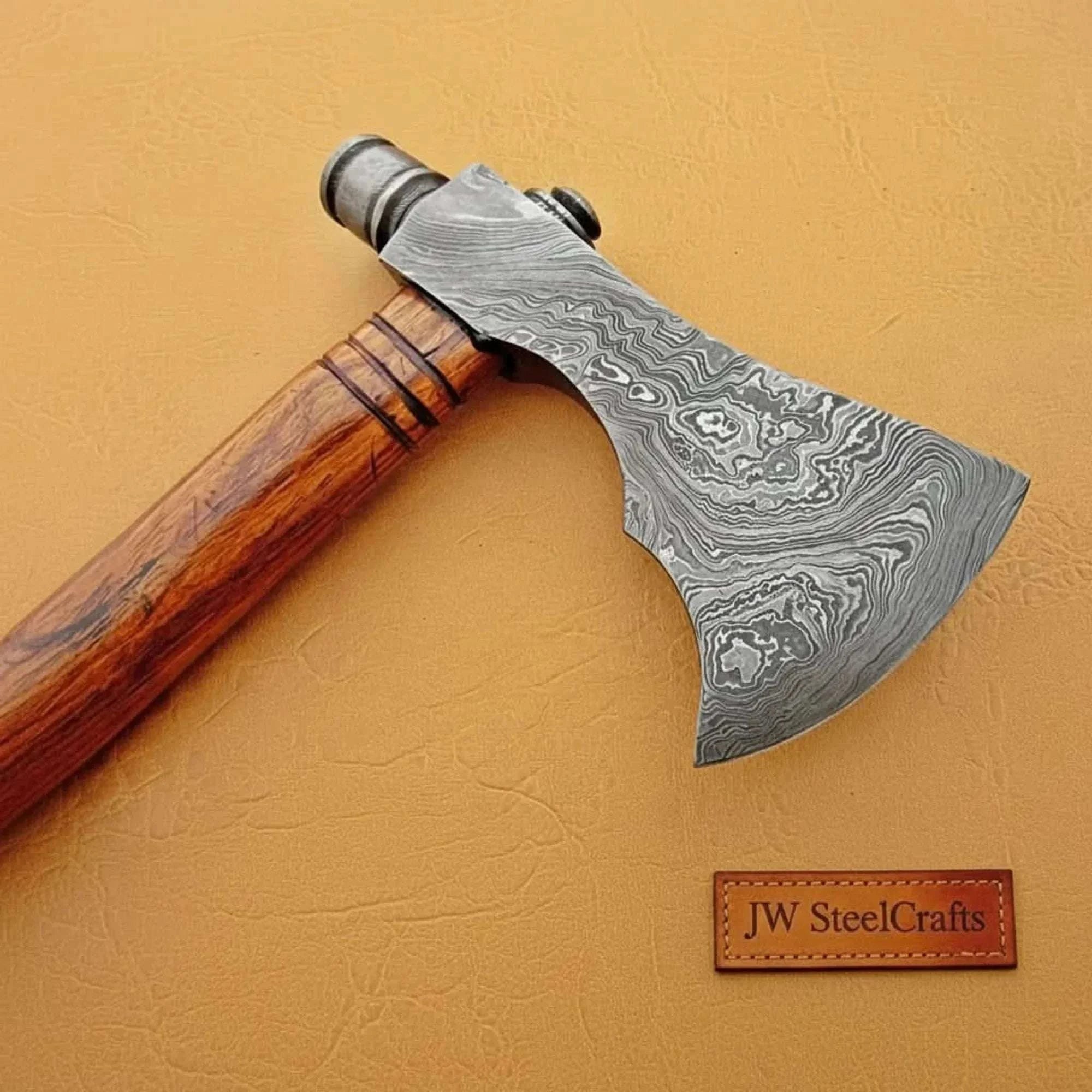 Palmarius Outdoors Damascus Smoking Axe with Leather Sheath and Ringed Rosewood Handle Handmade Axe