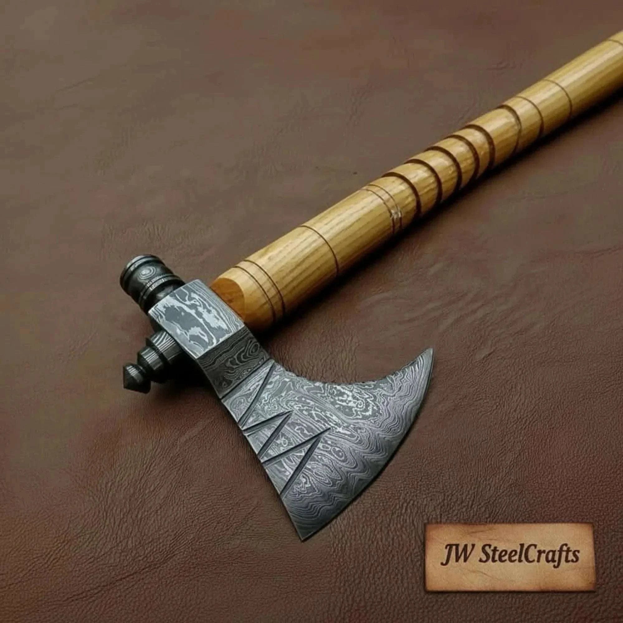 Palmarius Outdoors Damascus Pipe Axe 19 Inch Ash Wood Handle | Hand Forged Tomahawk Smoking Axe | JW SteelCrafts Handmade Axe