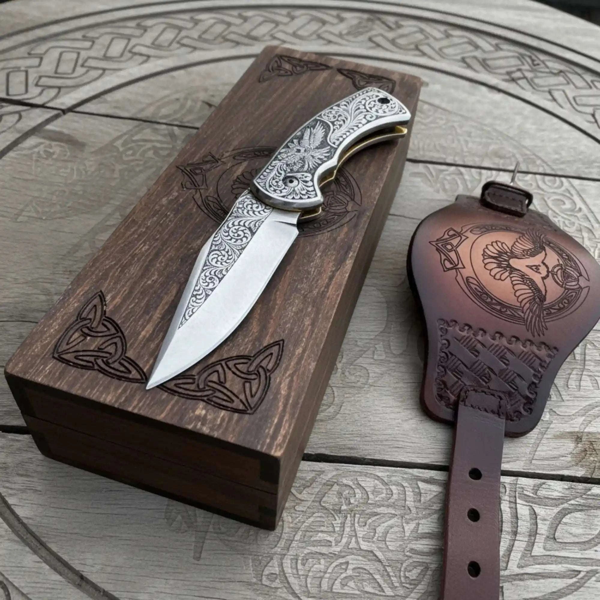 Palmarius Outdoors Hand Engraved Neck Folding Knife with Eagle Motif Stainless Steel Scales Folding Knife