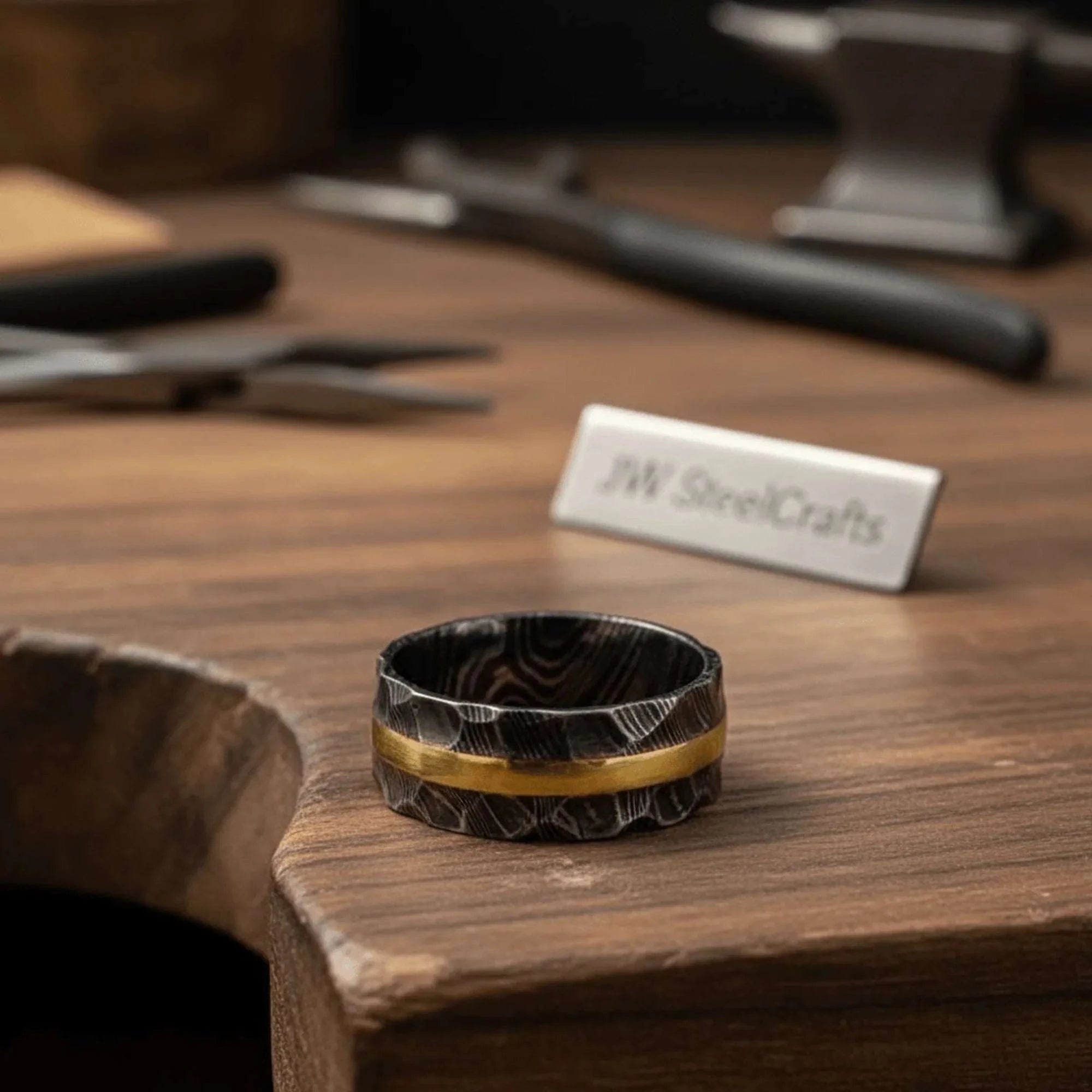 Palmarius Outdoors Hammered Damascus Gold Inlay Ring with Textured Surface Ring