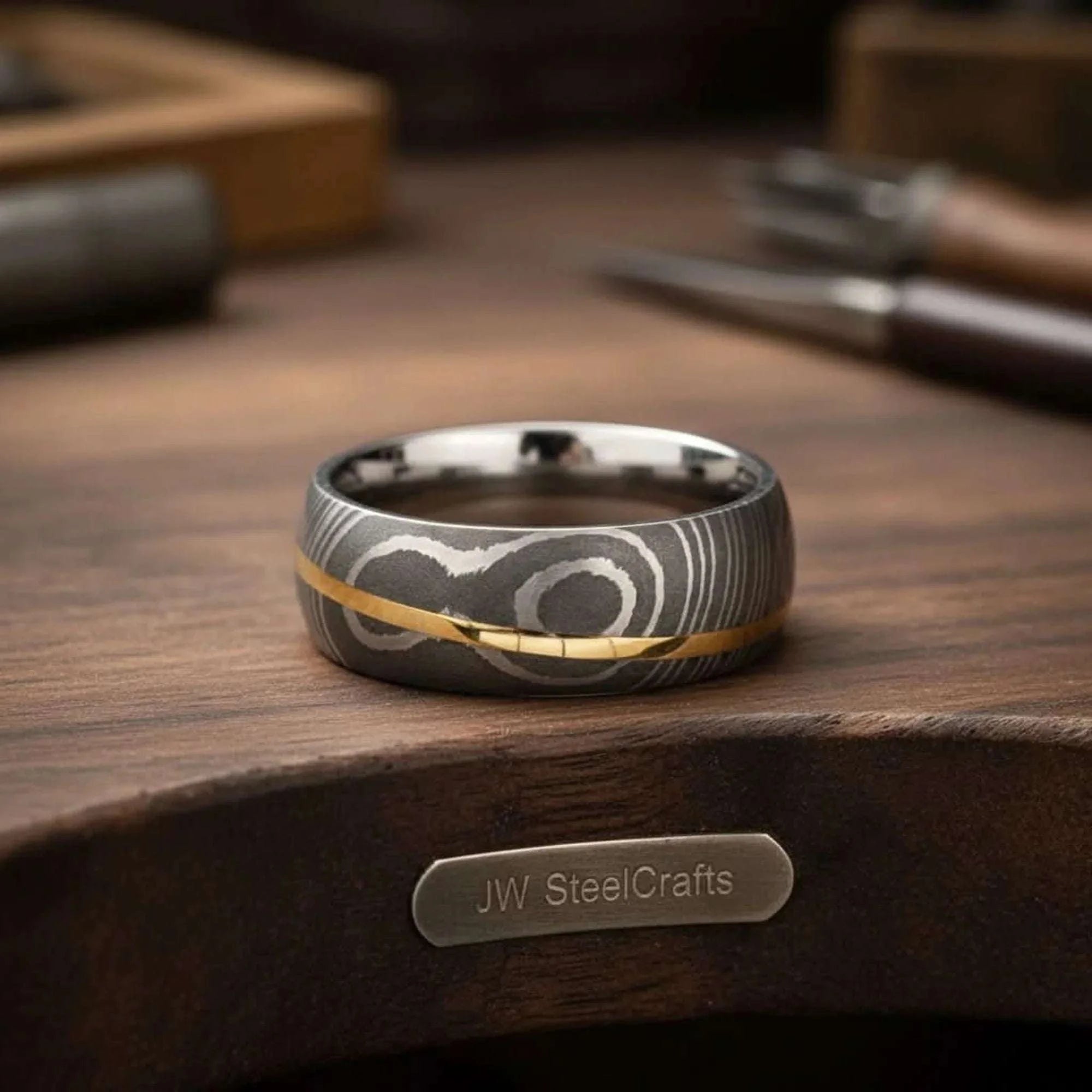 Palmarius Outdoors Raindrop Damascus Ring with Gold Inlay and Polished Silver Interior Ring