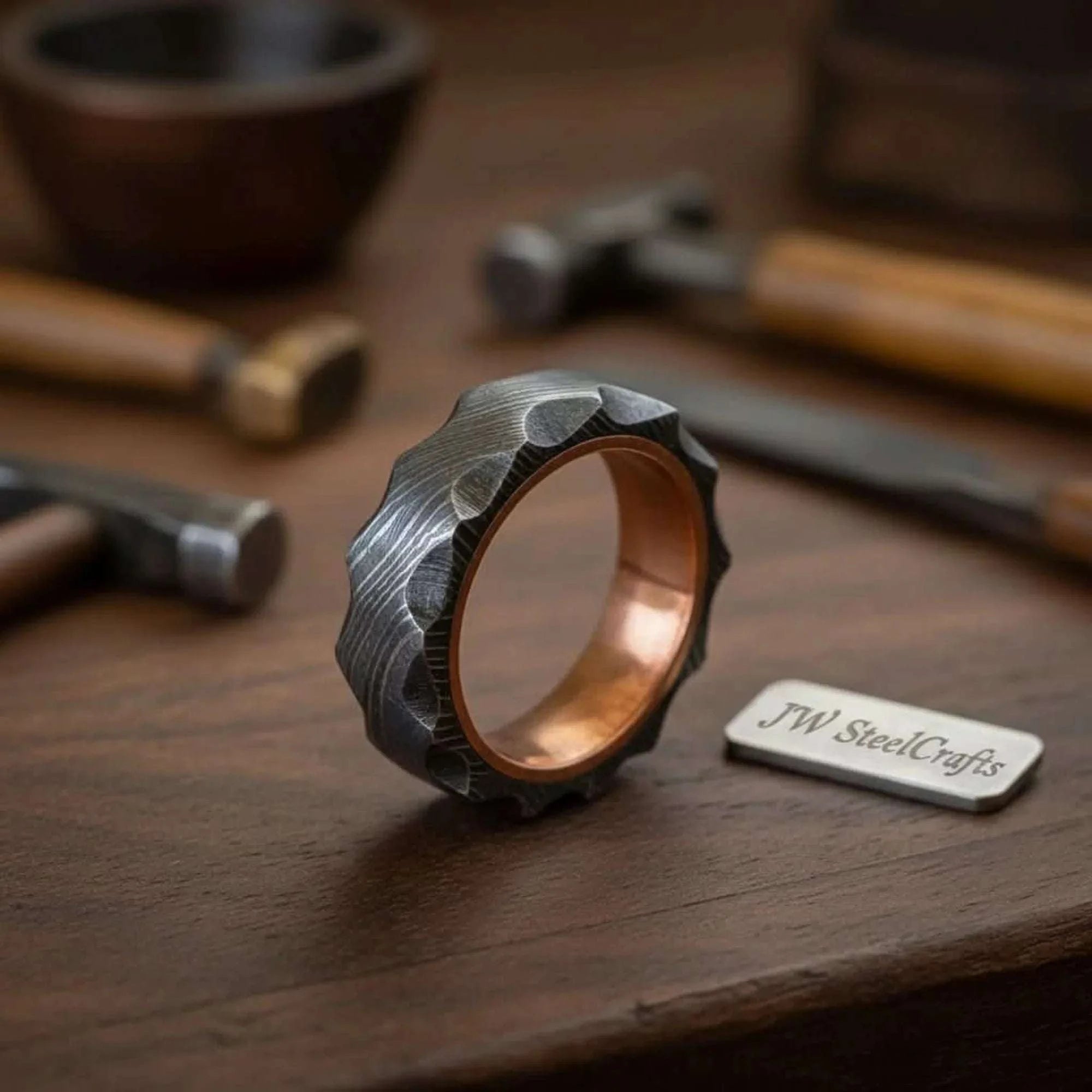 Palmarius Outdoors Copper Sleeve Damascus Ring with Carved Faceted Exterior Ring