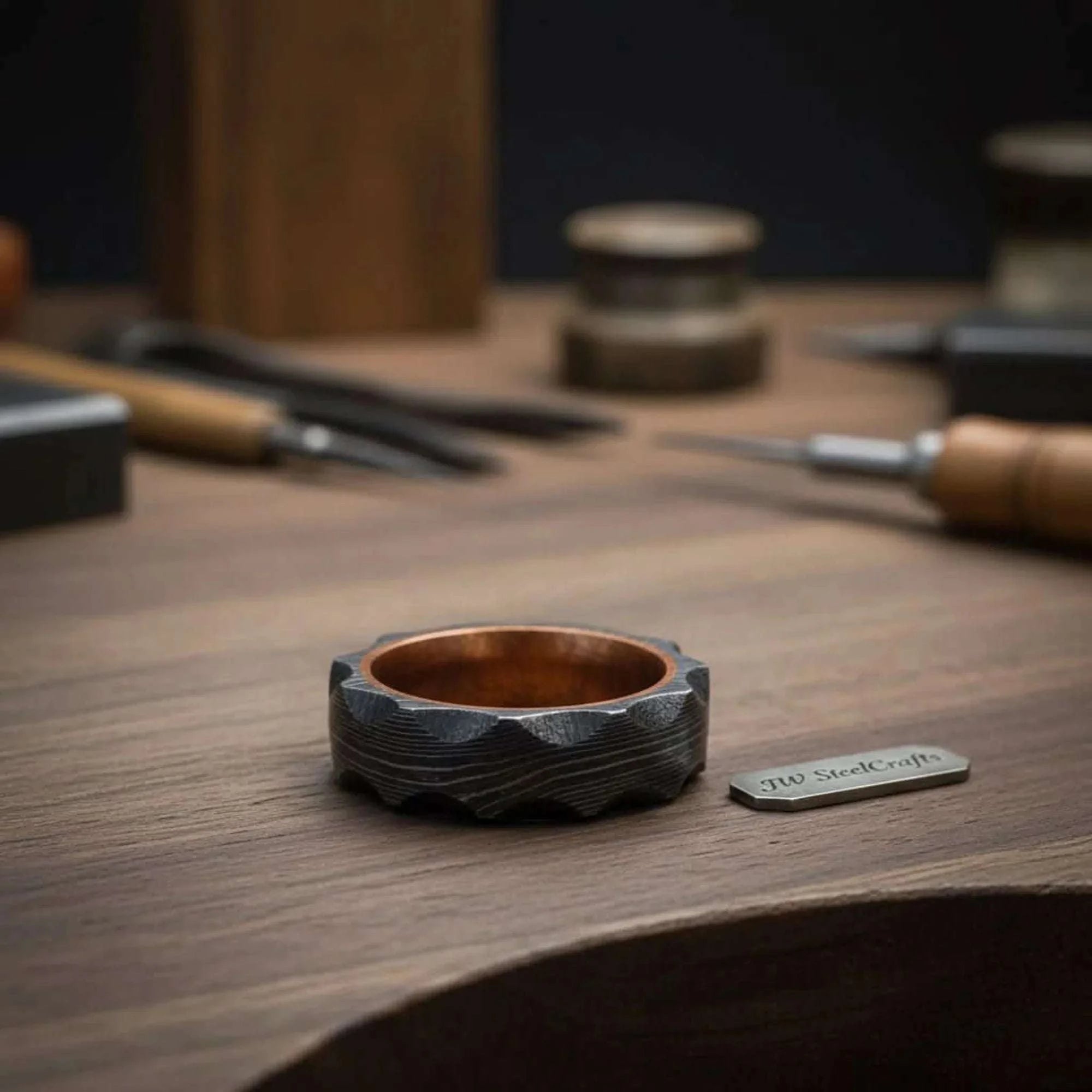 Palmarius Outdoors Copper Sleeve Damascus Ring with Carved Faceted Exterior Ring