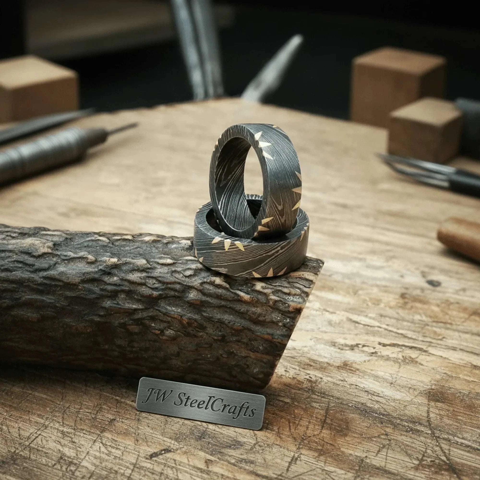Palmarius Outdoors Damascus Gold Fan Edge Rings pair with Sunburst Inlay Ring