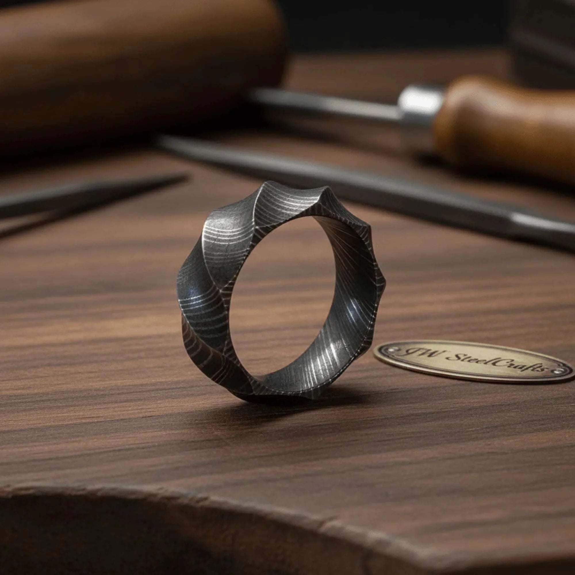 Palmarius Outdoors Mens Damascus Steel Faceted Wedding Band Handmade Geometric Ring Ring