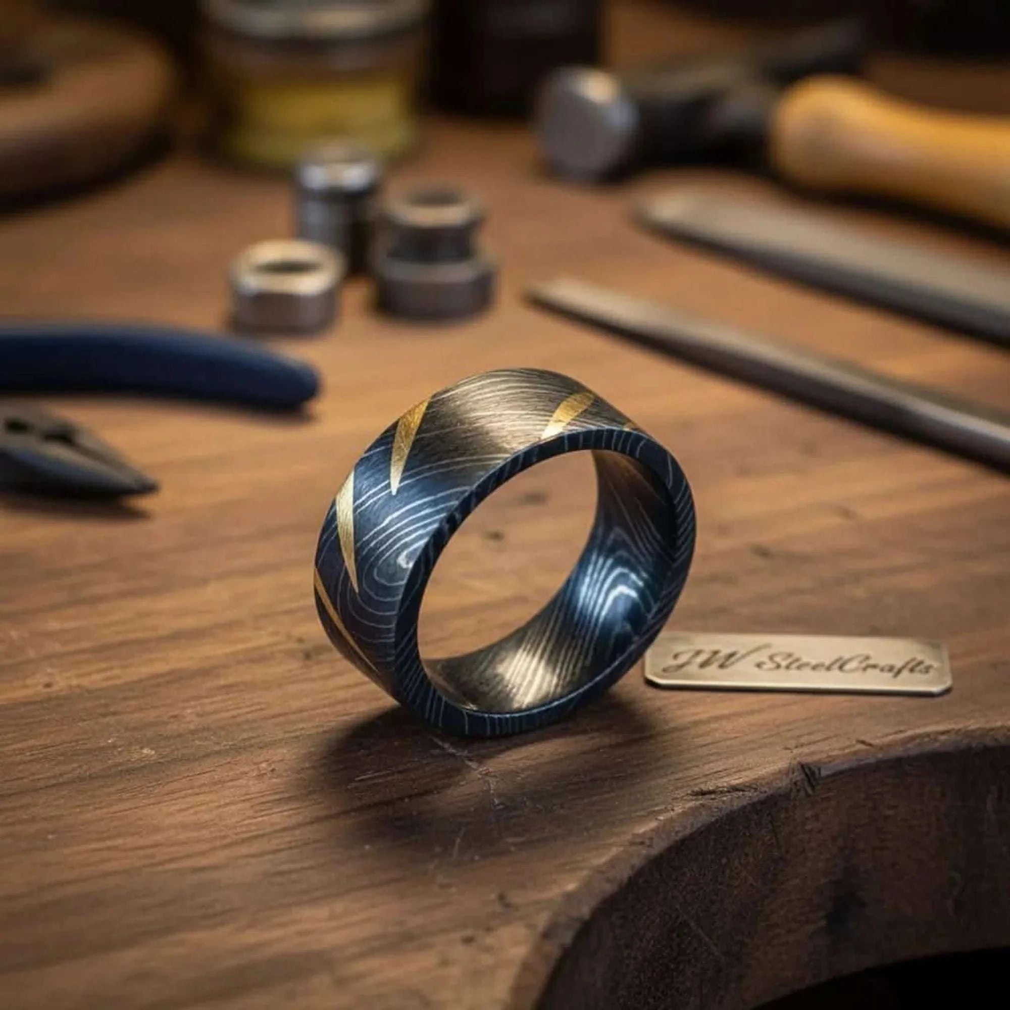 Palmarius Outdoors Black Damascus Gold Streak Ring with Scattered Gold Marks Ring