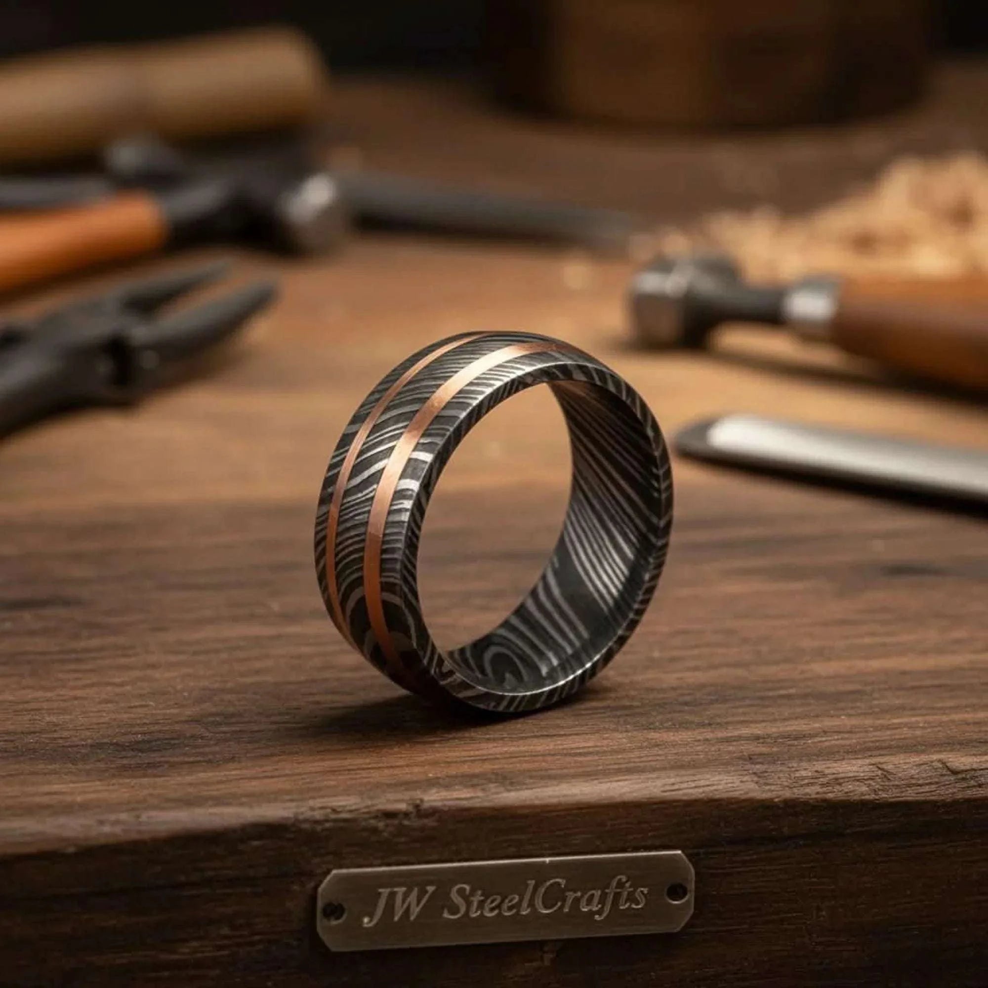 Palmarius Outdoors Damascus Double Copper Inlay Ring with Two Parallel Lines Ring