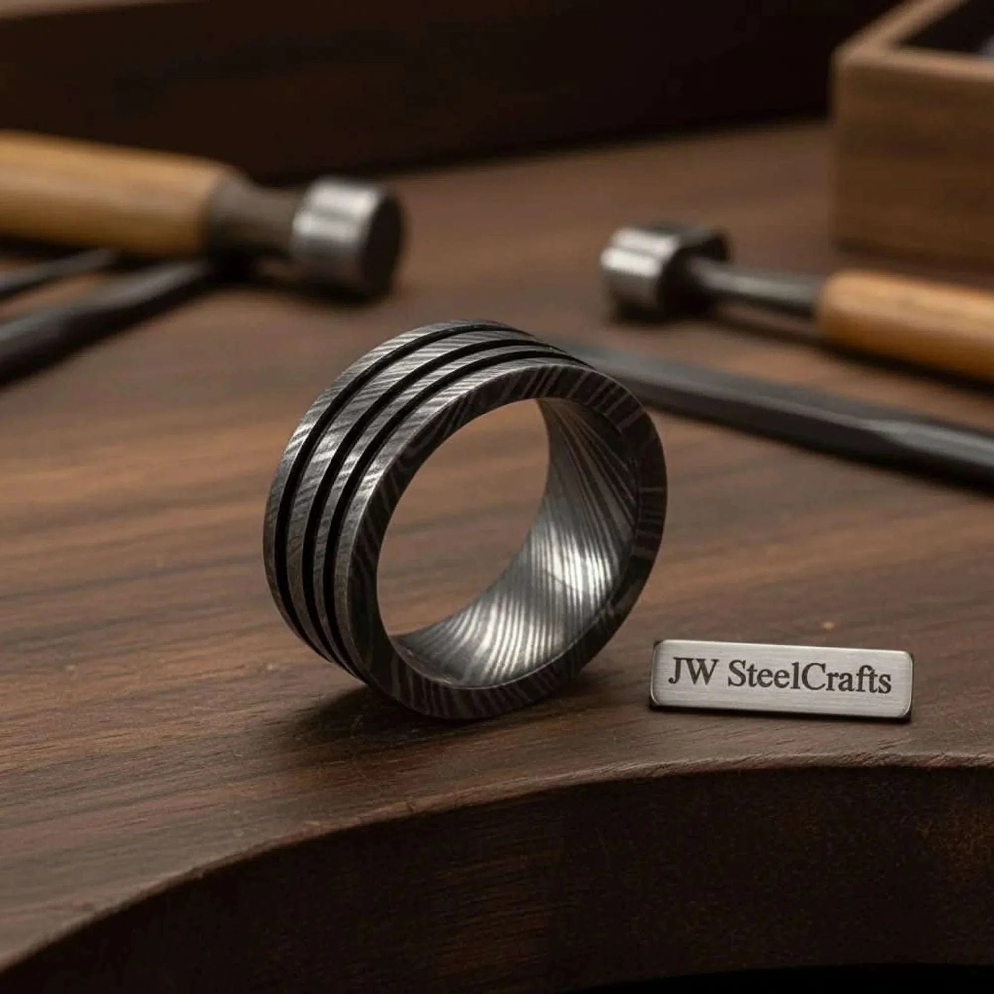 Palmarius Outdoors Silver Damascus Triple Groove Ring with Bright Finish Ring