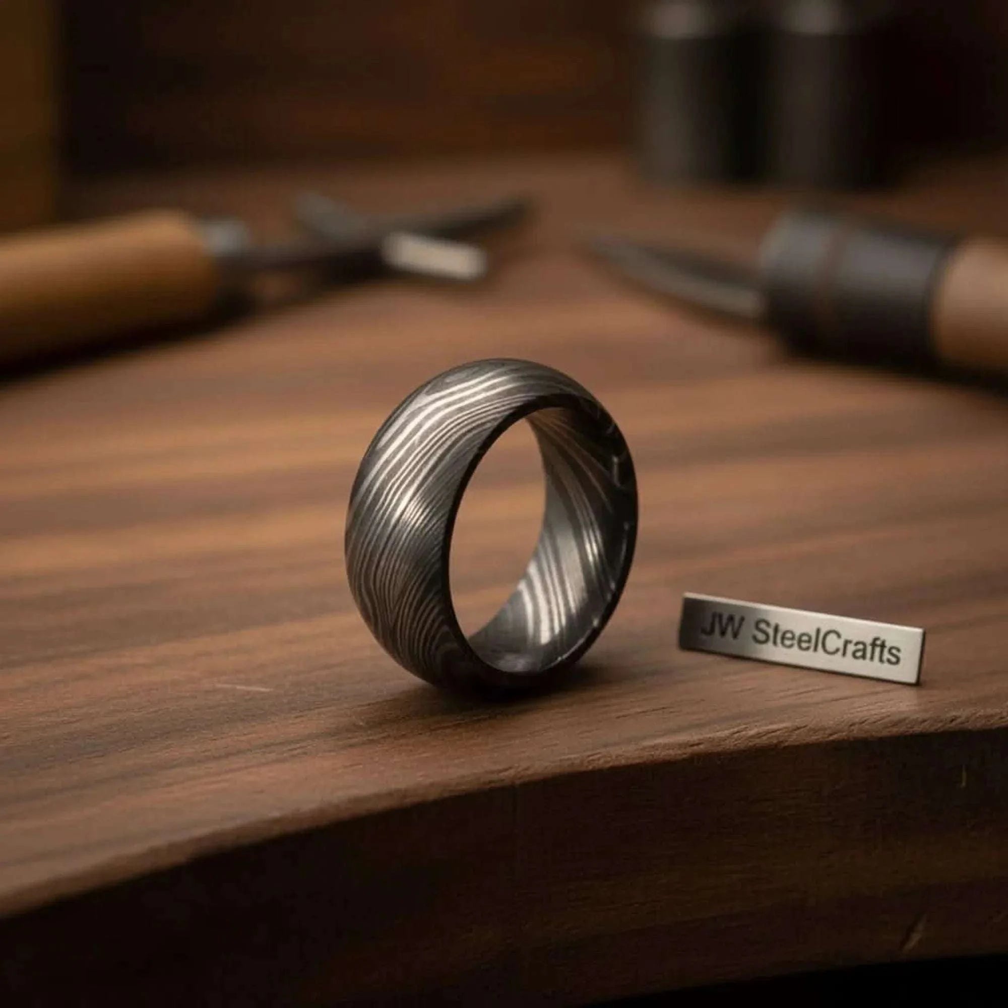 Palmarius Outdoors Domed Twist Damascus Wedding Band with Diagonal Spiral Pattern Ring