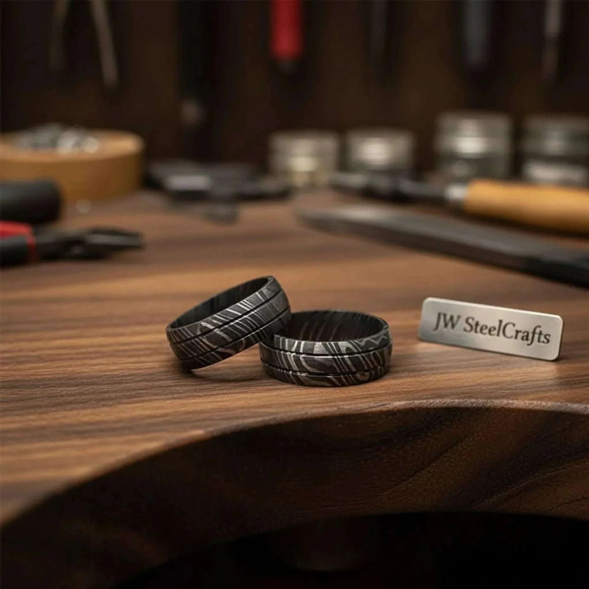 Palmarius Outdoors Black Damascus Double Groove Band with Etched Finish Ring