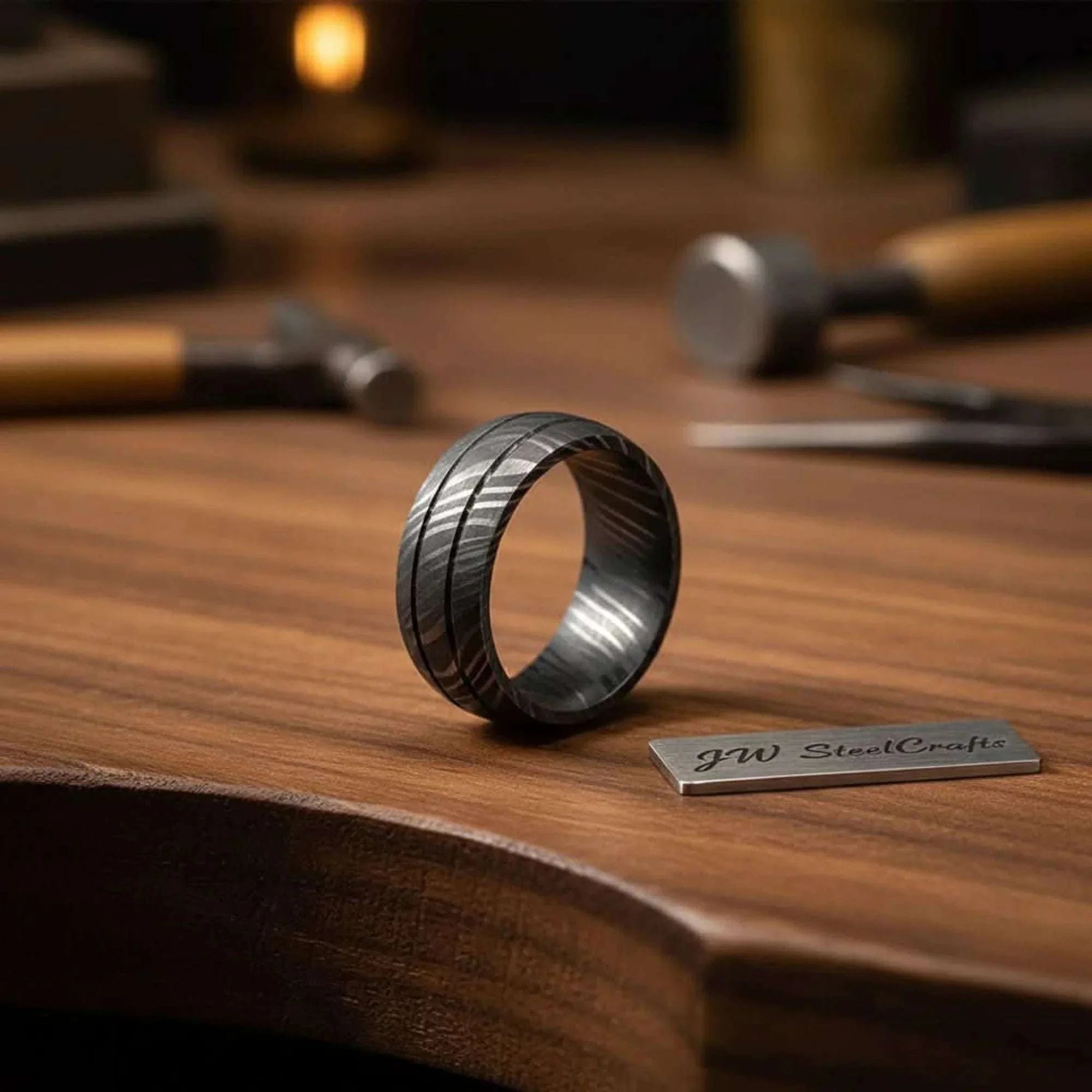 Palmarius Outdoors Black Damascus Double Groove Band with Etched Finish Ring