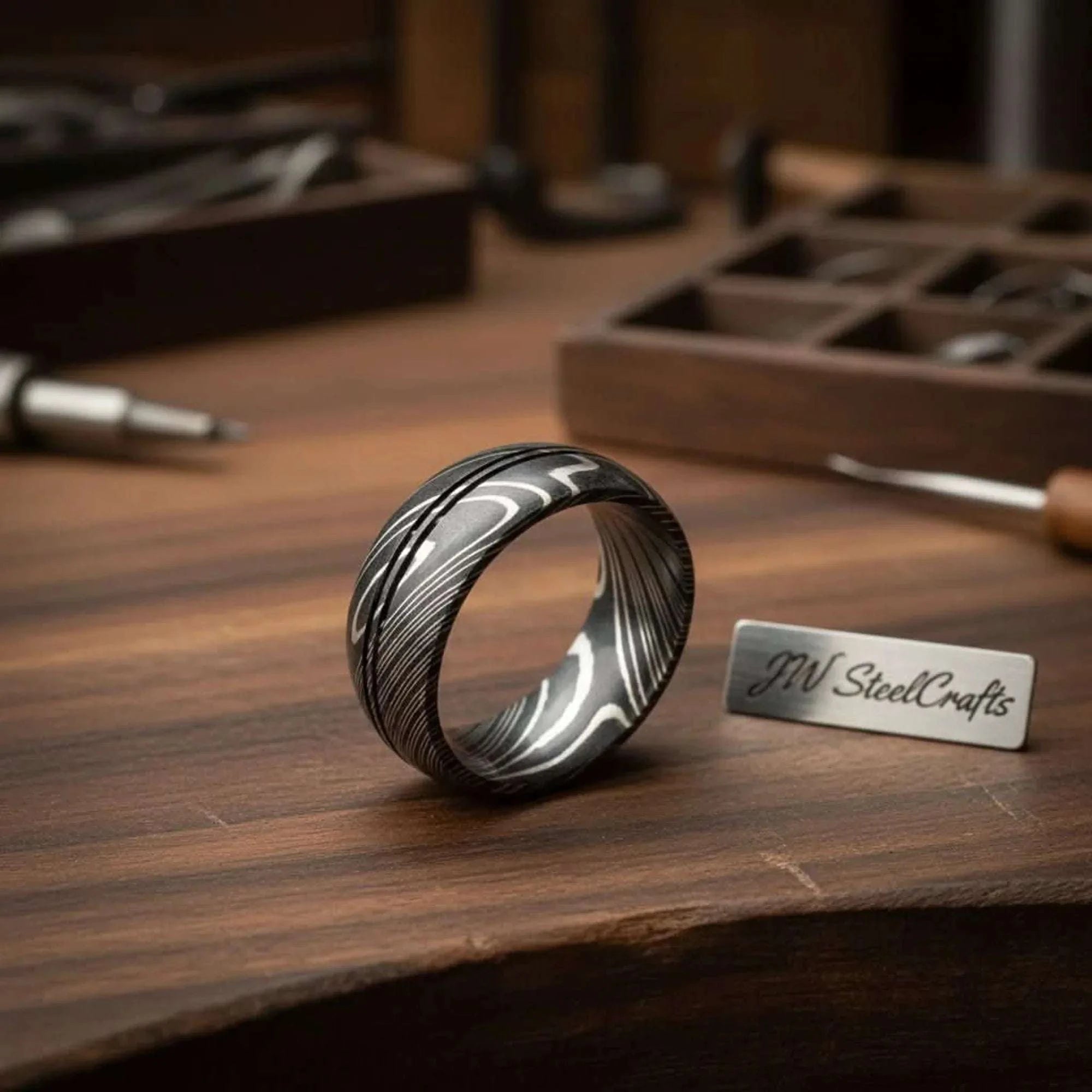 Palmarius Outdoors Damascus Center Double Groove Ring with Symmetric Grooves Ring