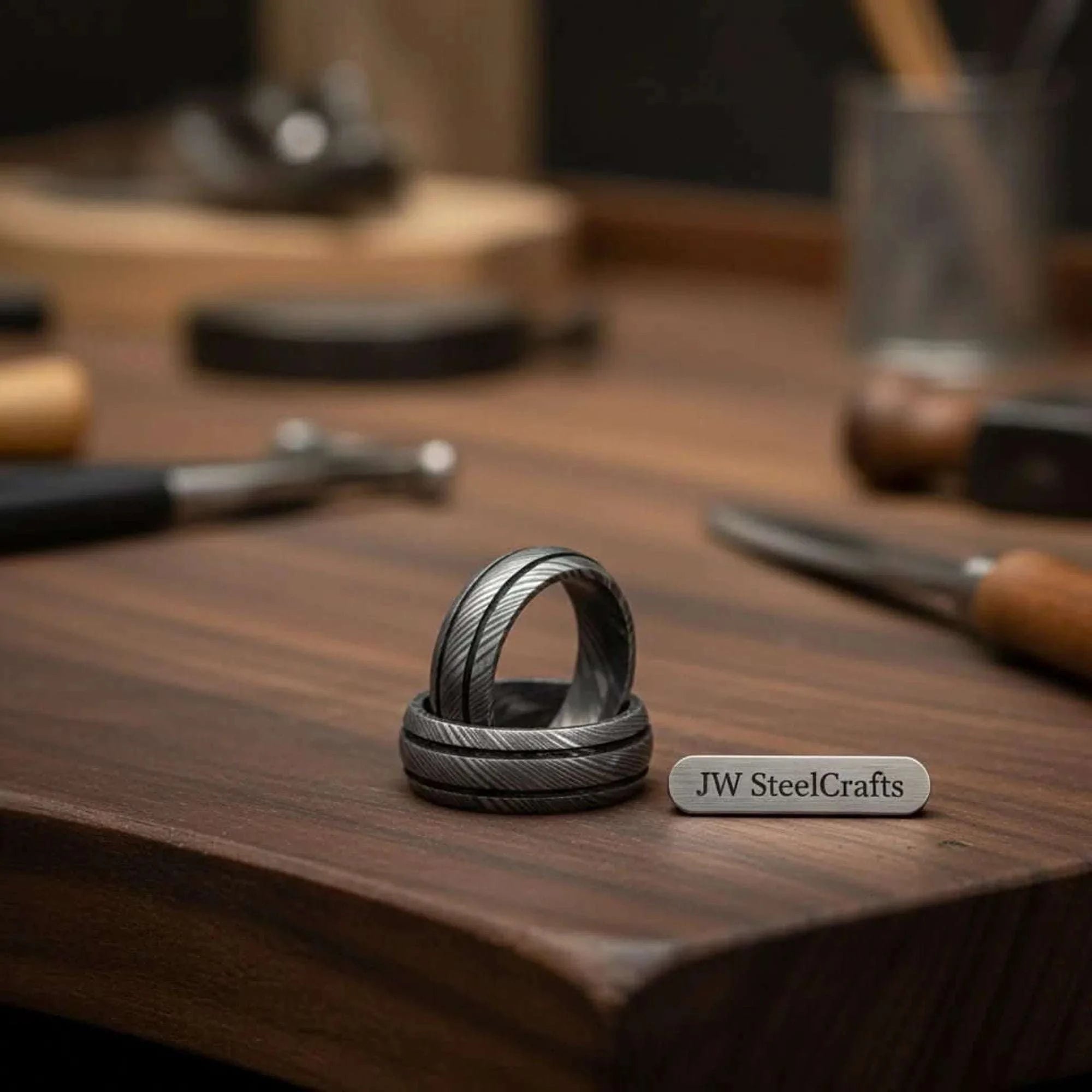 Palmarius Outdoors Damascus Grooved Band set with Twisted Pattern for Couples Ring