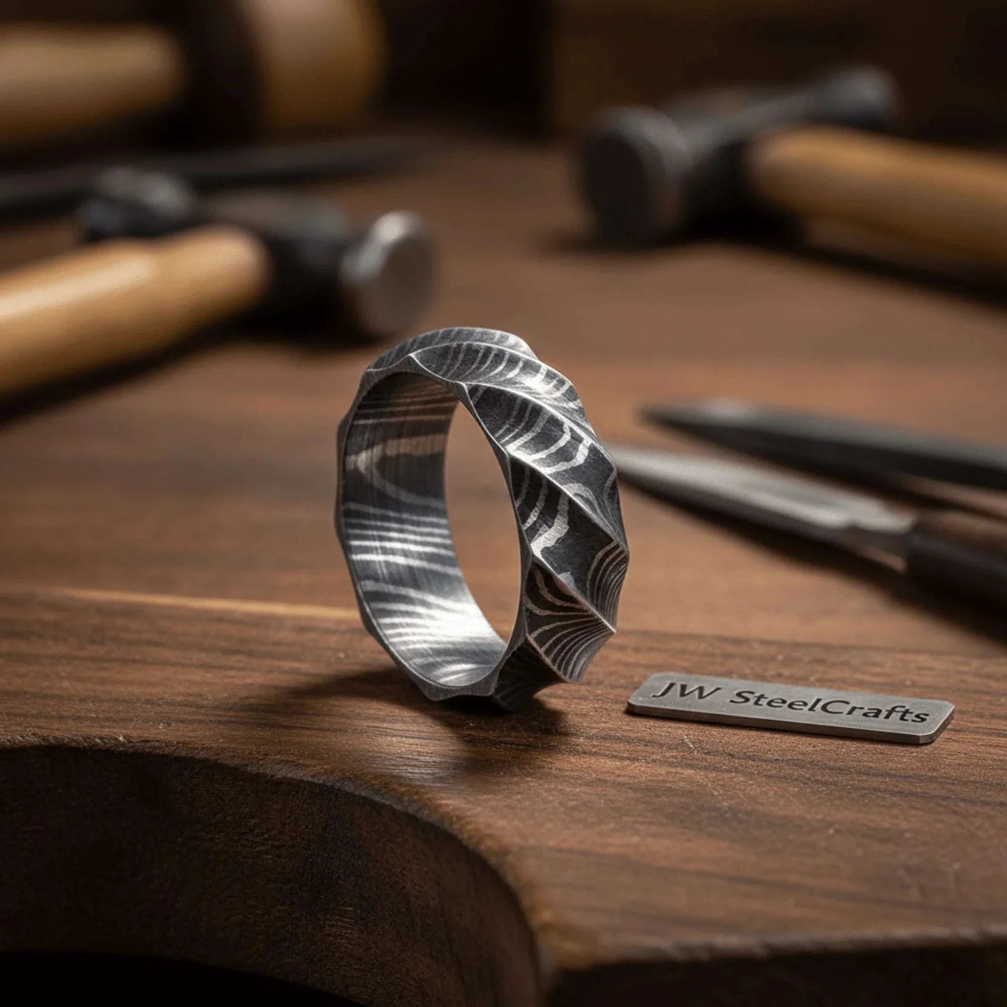 Palmarius Outdoors Geometric Damascus Faceted Ring with Twisted Multi-Facet Design Ring