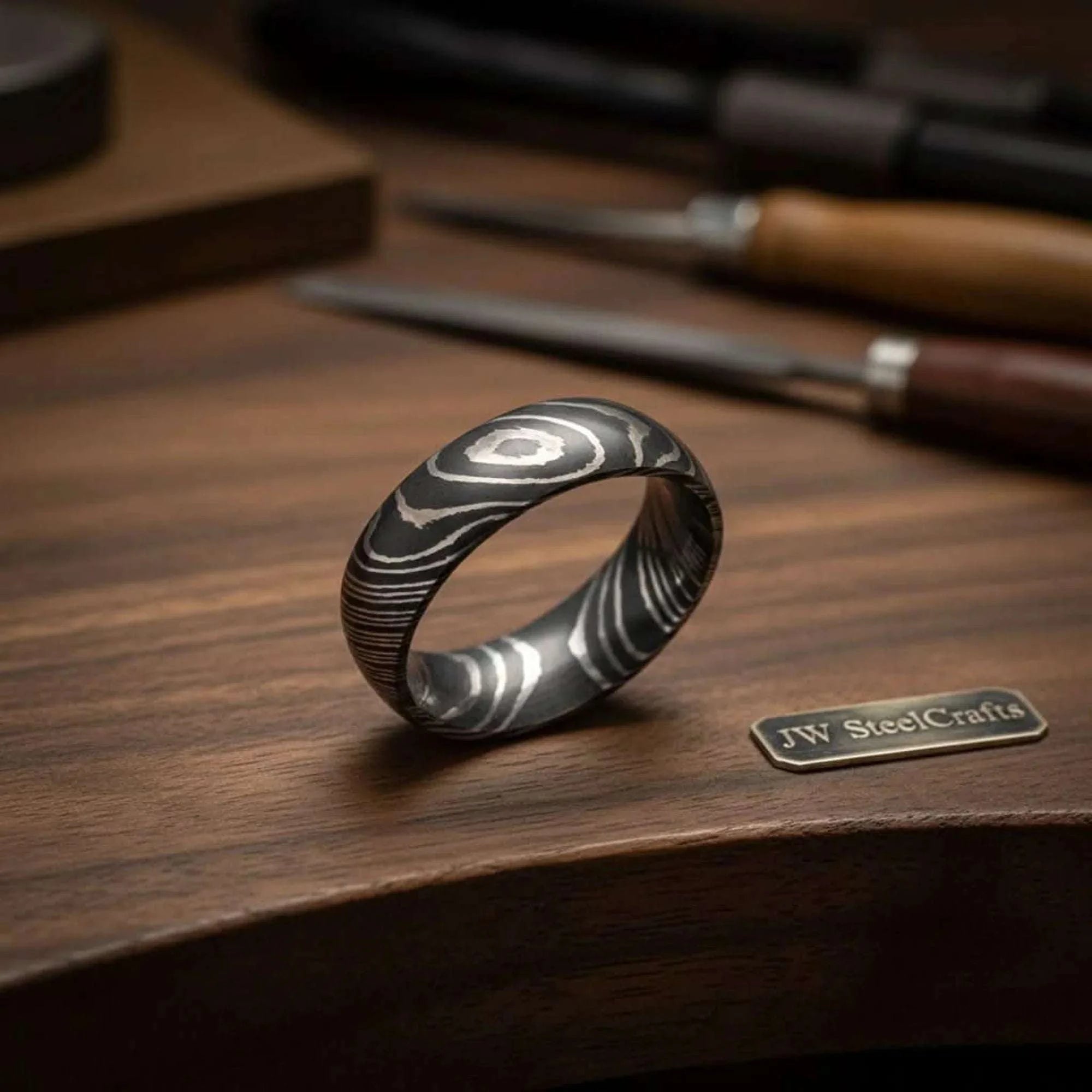 Palmarius Outdoors Domed Woodgrain Damascus Ring with Knot Pattern Steel Ring