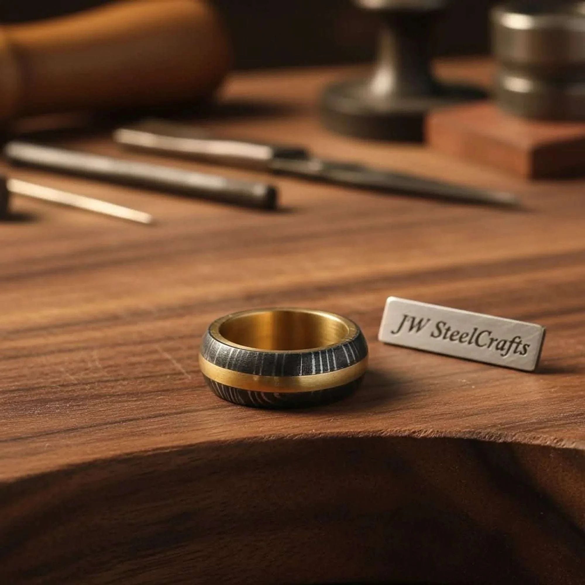 Palmarius Outdoors Domed Damascus Gold Inlay Ring with Wide Gold Band Ring