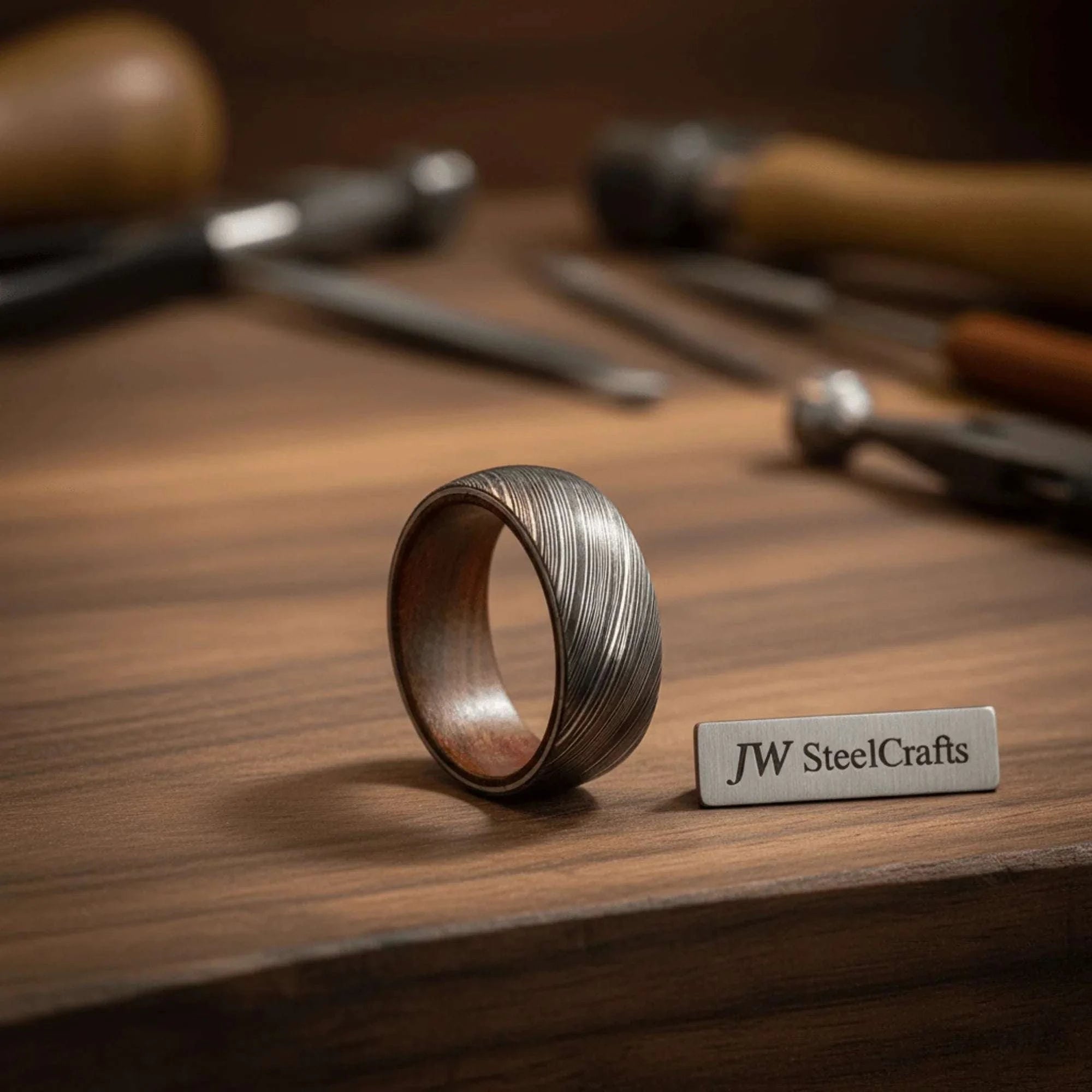 Palmarius Outdoors Damascus Wood Sleeve Ring with Natural Wood Liner and Linear Steel Pattern Ring