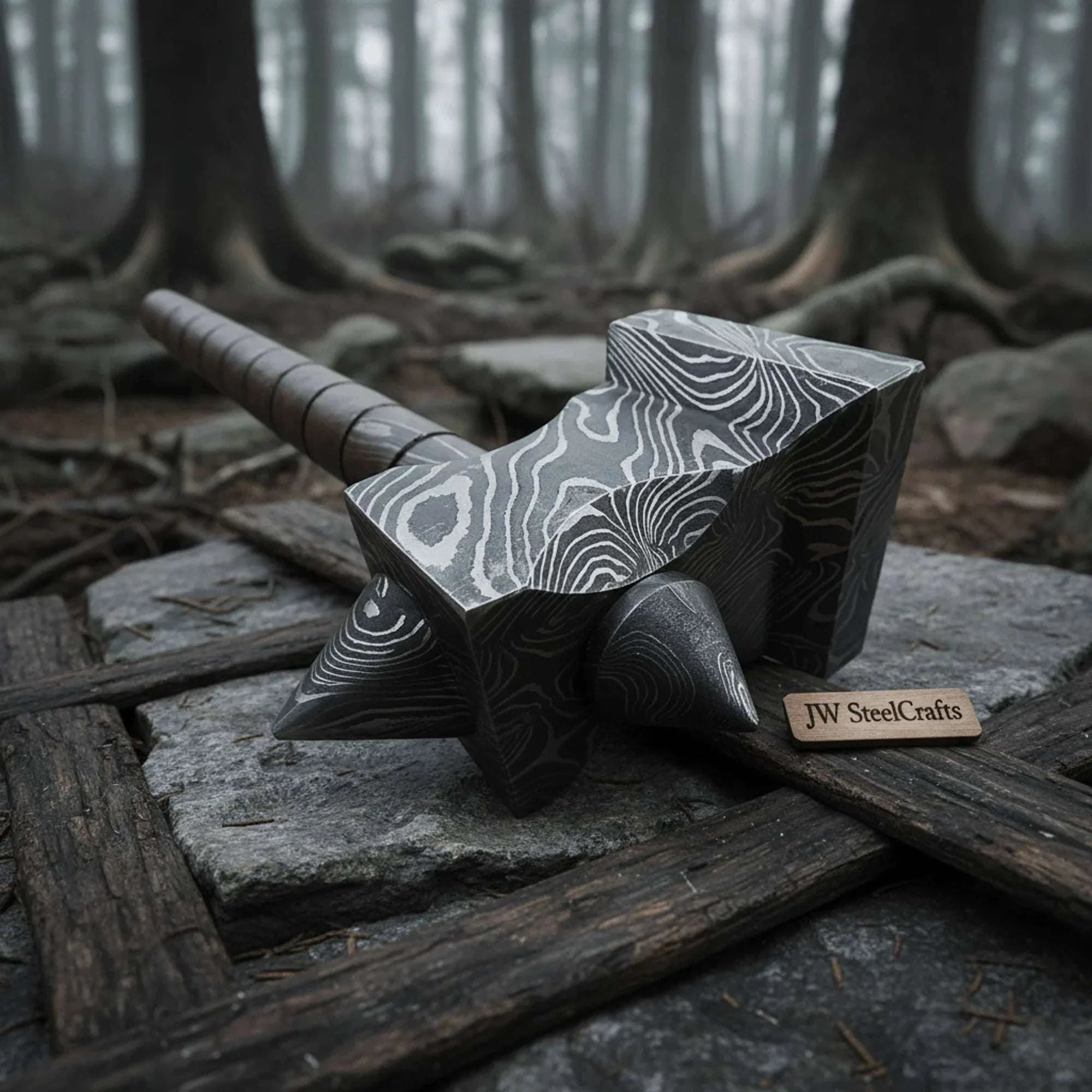 Palmarius Outdoors Darkforge Titan Hammer 8" Handmade Full Damascus Steel Collectible with Dual Spikes Thor Hammer