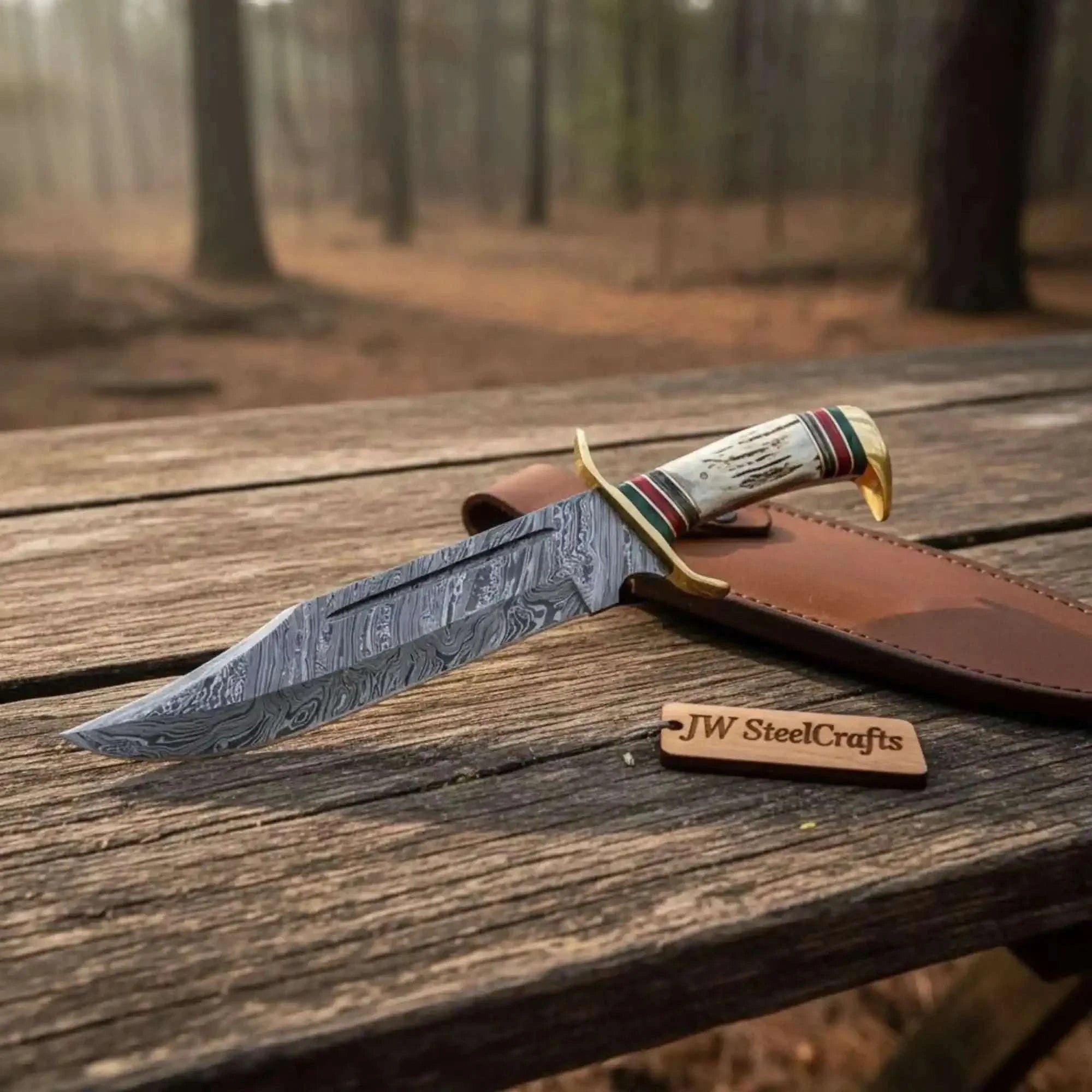 Palmarius Outdoors Handmade Coffin Handle Damascus Clip Point Bowie Knife with Stag Horn Coffin Handle Bowie Knives