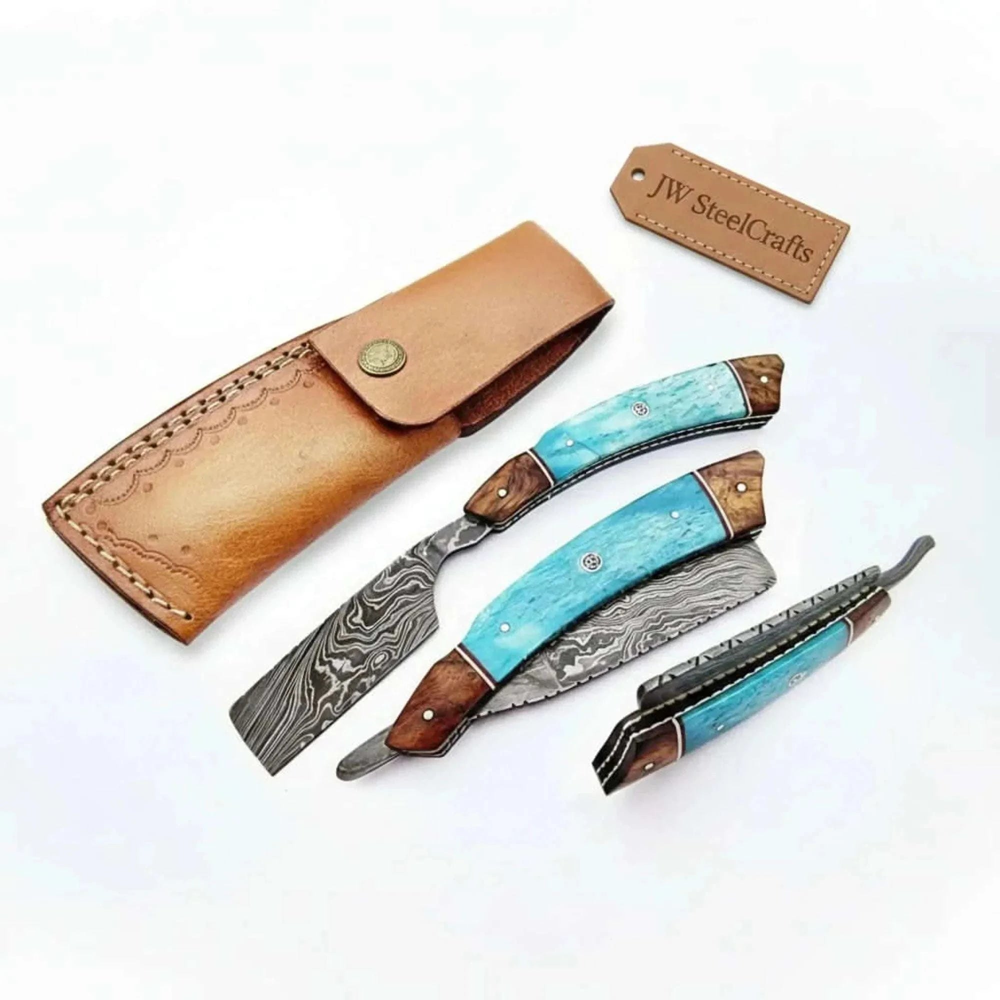 Palmarius Outdoors Classic Western Damascus Straight Barber Razor with Blue Bone and Rosewood Handle Damascus Straight Razors