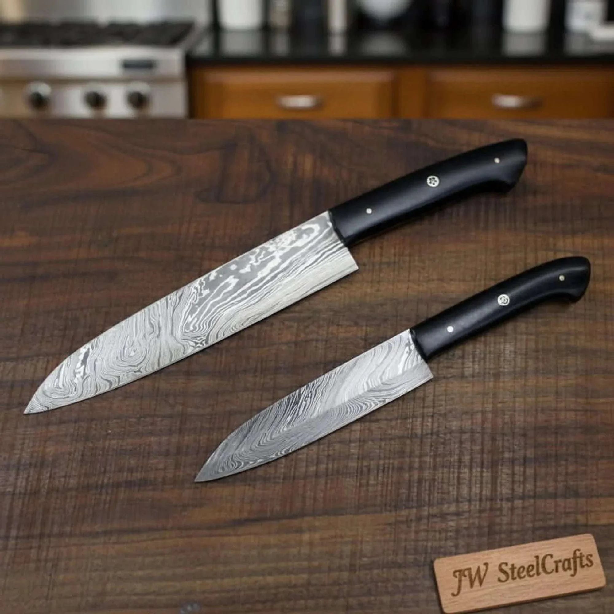 Palmarius Outdoors Handmade Japanese Damascus Knife Set, Chef Gyuto and Petty Utility Knives, Black Handle Damascus Steel Chef Knives