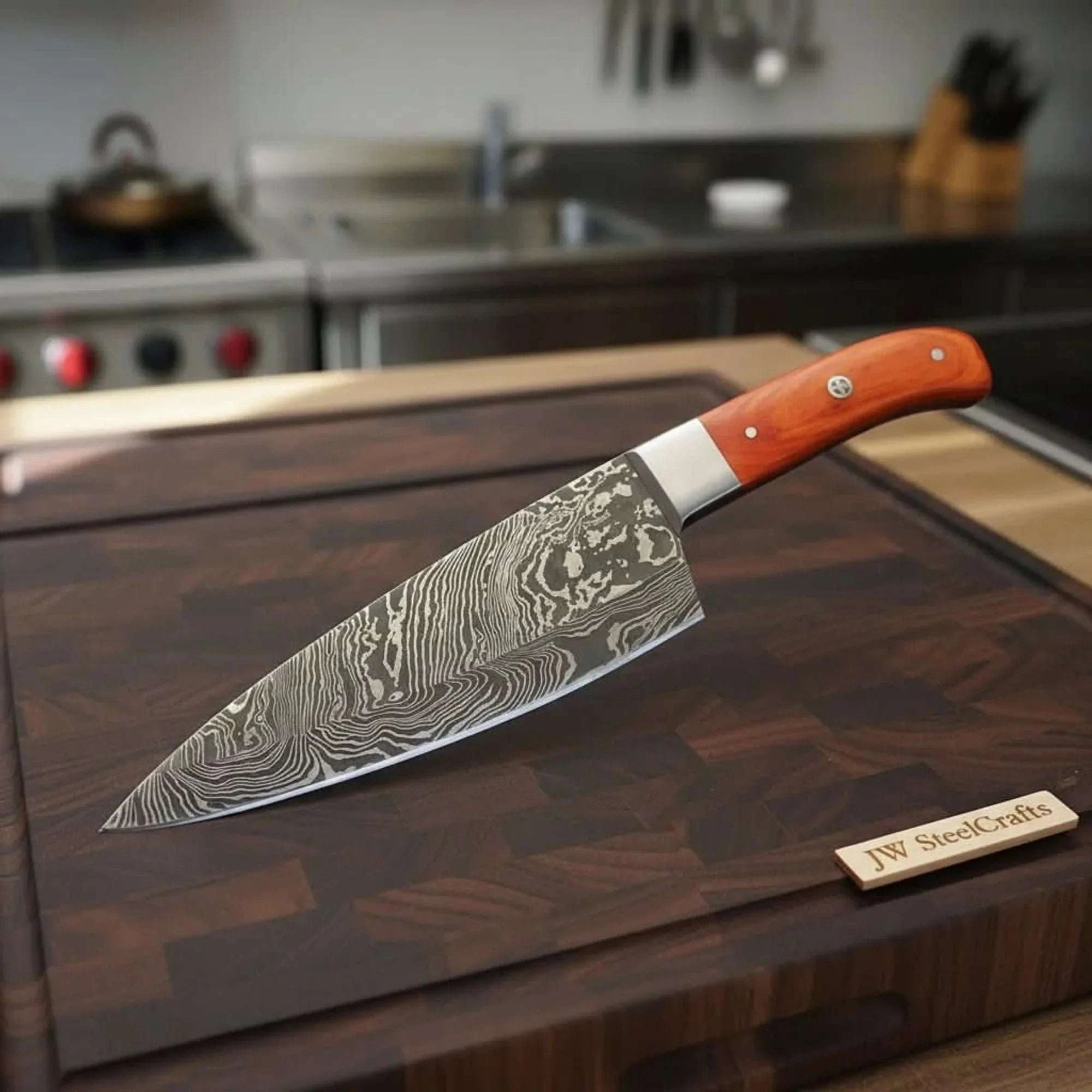 Palmarius Outdoors Damascus Gyuto Knife with Layered Steel Blade & Orange Wood Handle for Precision Slicing Damascus Steel Chef Knives