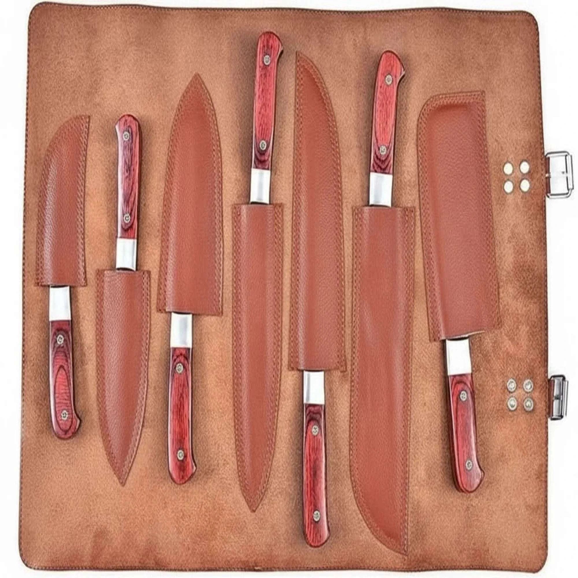 Palmarius Outdoors 7-Piece Damascus Kitchen Knife Set — Chef, Nakiri, Bread Knife and Cleaver, Red Pakka Wood Handles Handmade Chef Knife Sets