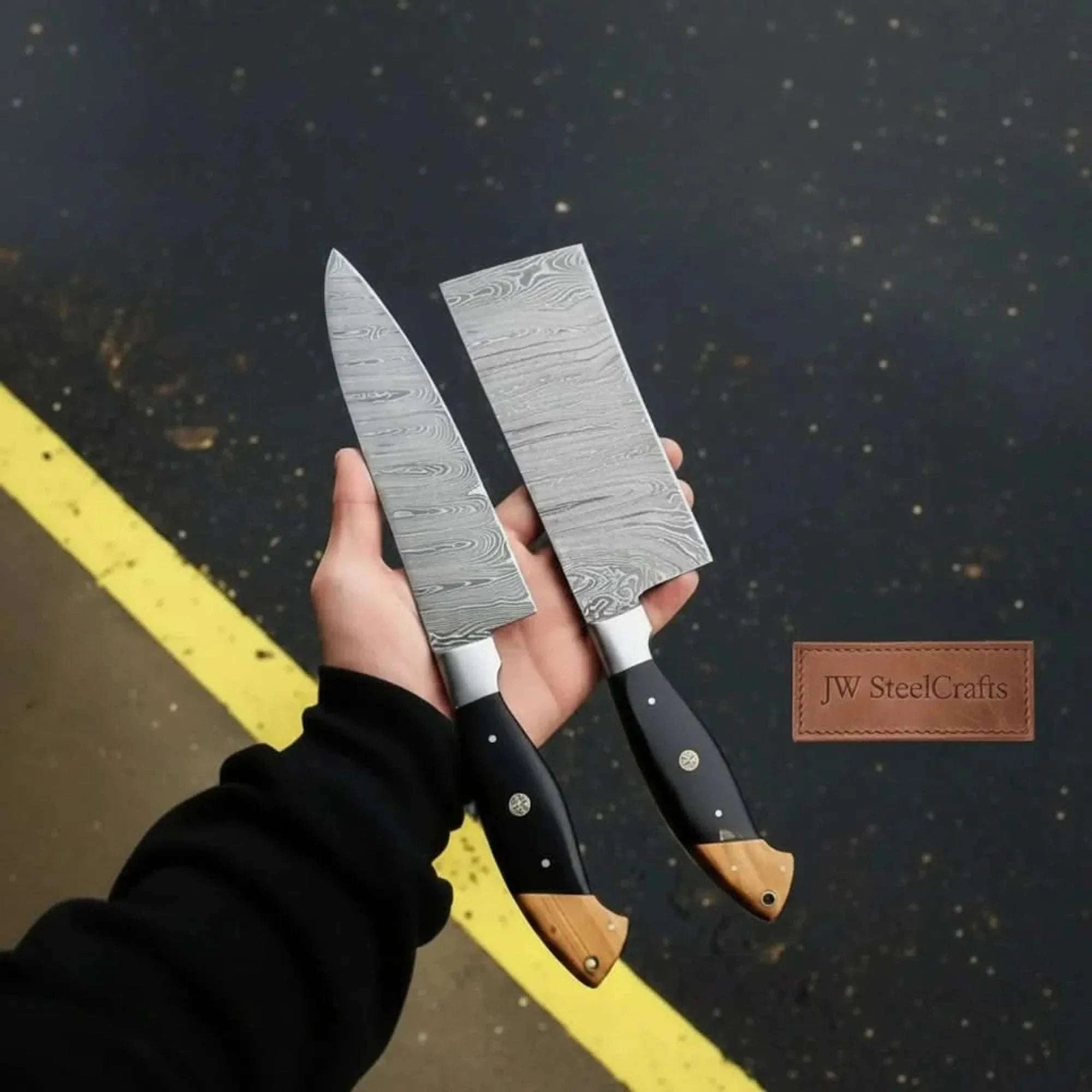 Palmarius Outdoors Premium Damascus Cleaver and Santoku knife Set — Olive Wood & Black Resin Handles, Full Tang Chef Knives Santoku Knife
