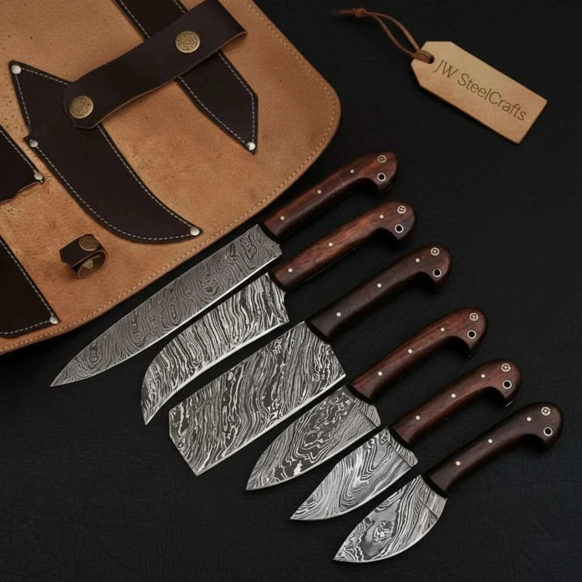 Palmarius Outdoors 6-Piece Damascus Knife Set with Leather Roll Nakiri Knife