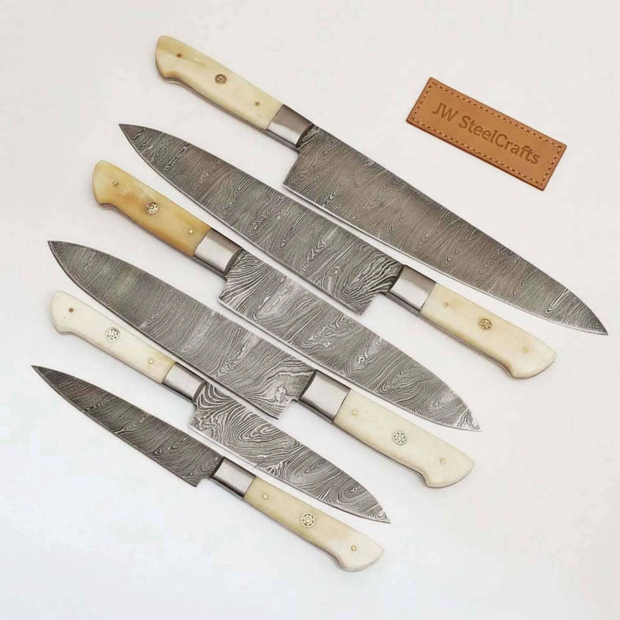Palmarius Outdoors 6-Piece Damascus Kitchen Knife Set – Gyuto, Santoku, Nakiri, Boning, Utility & Paring | Natural Bone Handle | Leather Roll Nakiri Knife
