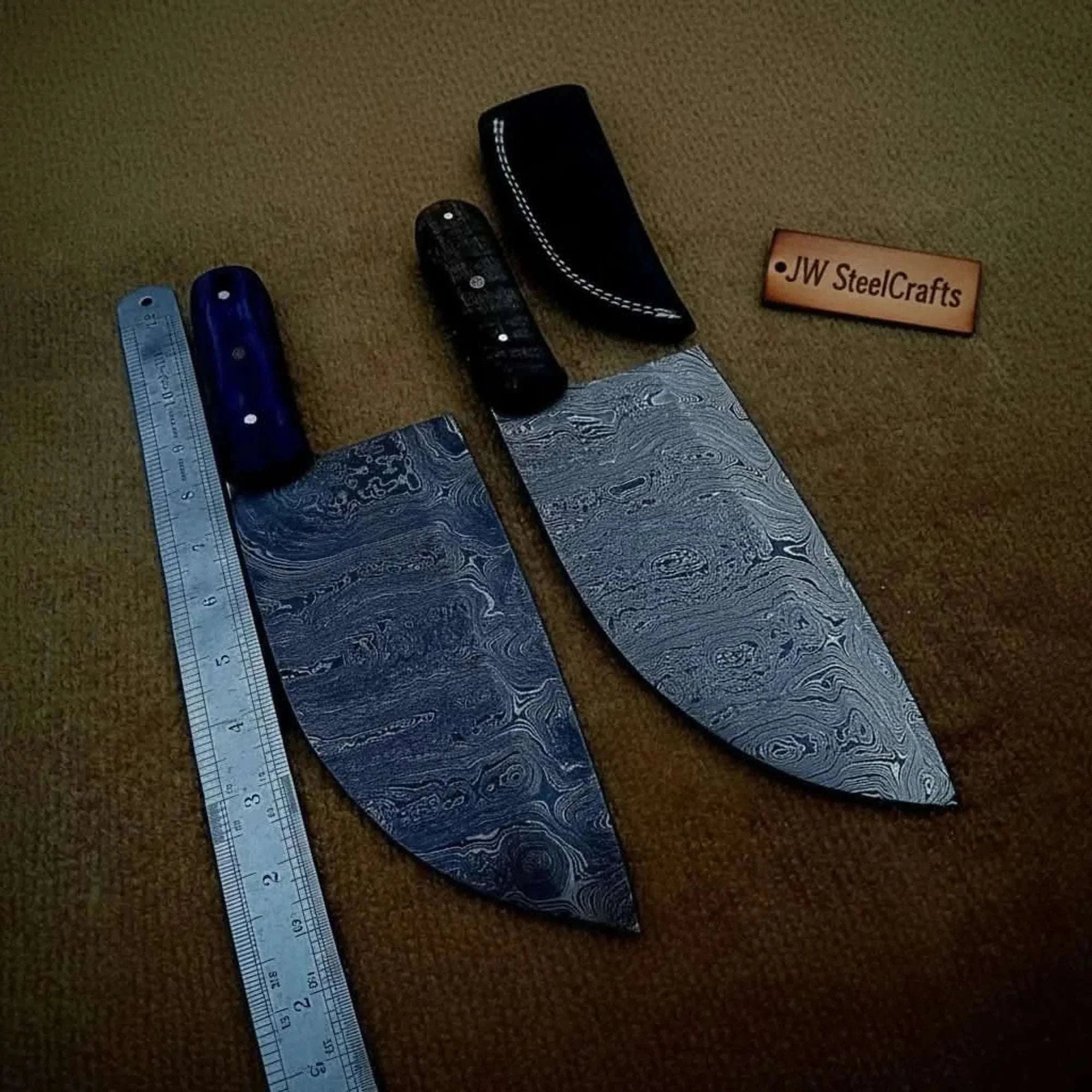 Palmarius Outdoors Pair of Chinese Vegetable Cleavers — Damascus Steel, Stabilized Wood (SMT) Full-Tang Handles lol Chef Knife