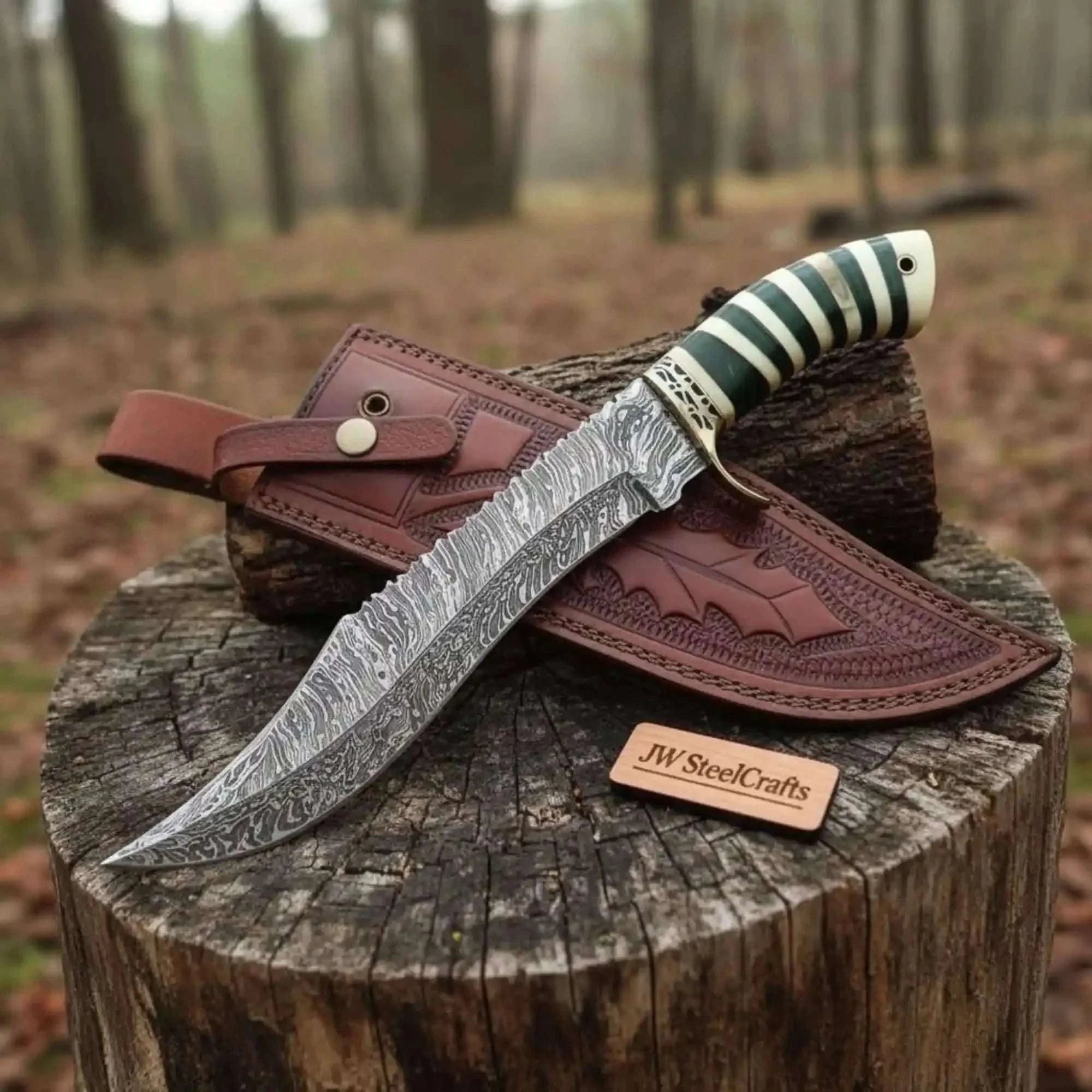 Palmarius Outdoors Handmade Clip Point Bowie Knife with Fire Pattern Damascus Steel Clip Point Bowie Knives